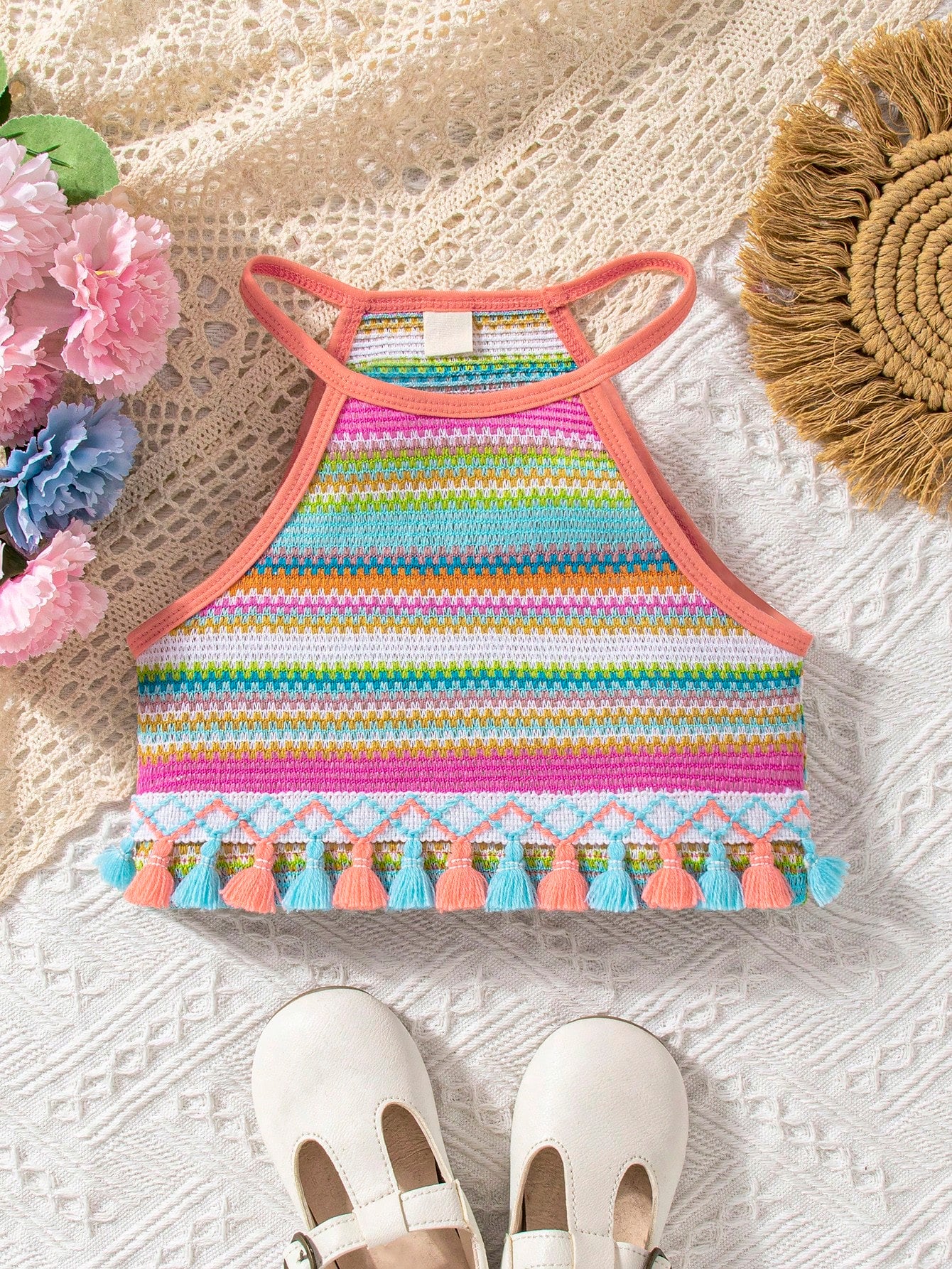 Young Girl Rainbow Colored Braided Strap Tank Top, Summer Casual Wear Suitable For Daily, Holidays, Festivals