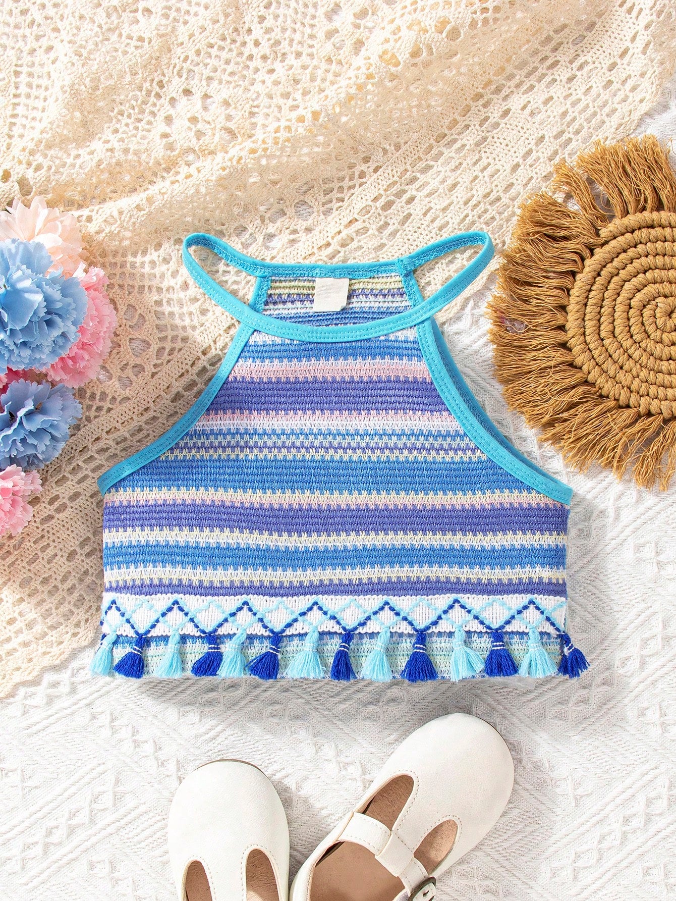 Young Girl Rainbow Colored Braided Strap Tank Top, Summer Casual Wear Suitable For Daily, Holidays, Festivals