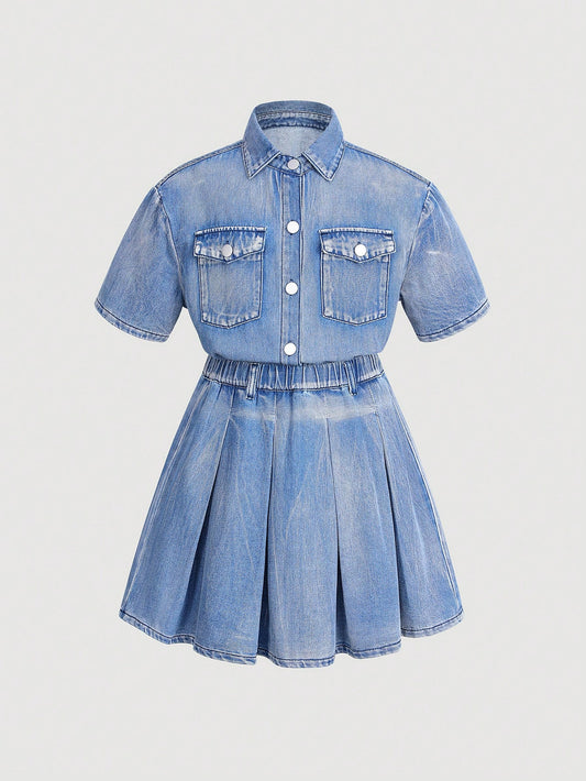 Streecool Kids Teen Girl Casual Flap Pocket Drop Shoulder Denim Shirt & Pleated Skirt