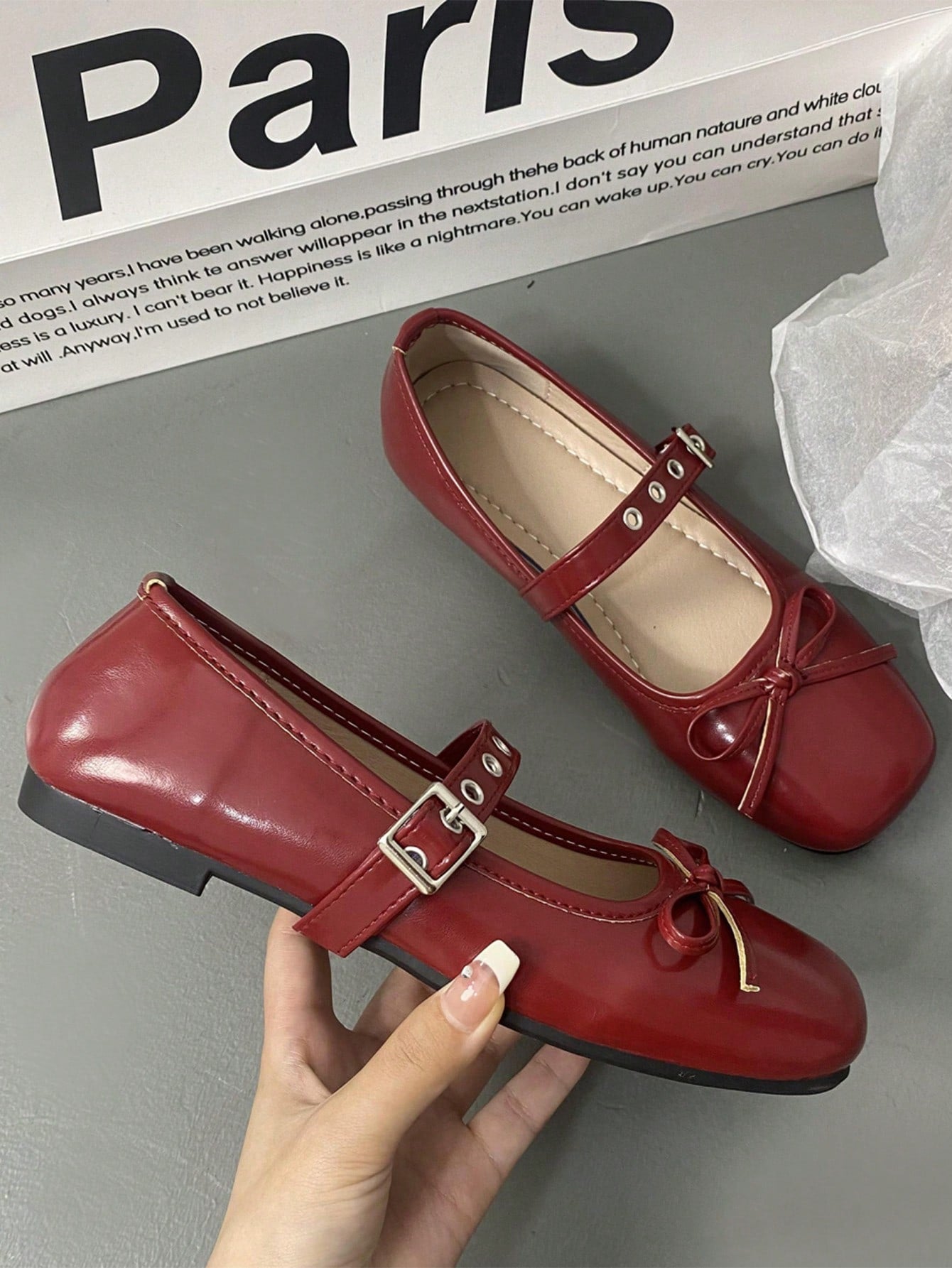 Red Shallow Mouth Women's Flat Shoes, Bow-Knot Decoration, Single Strap Slouchy Slip-On Mary Jane Shoes