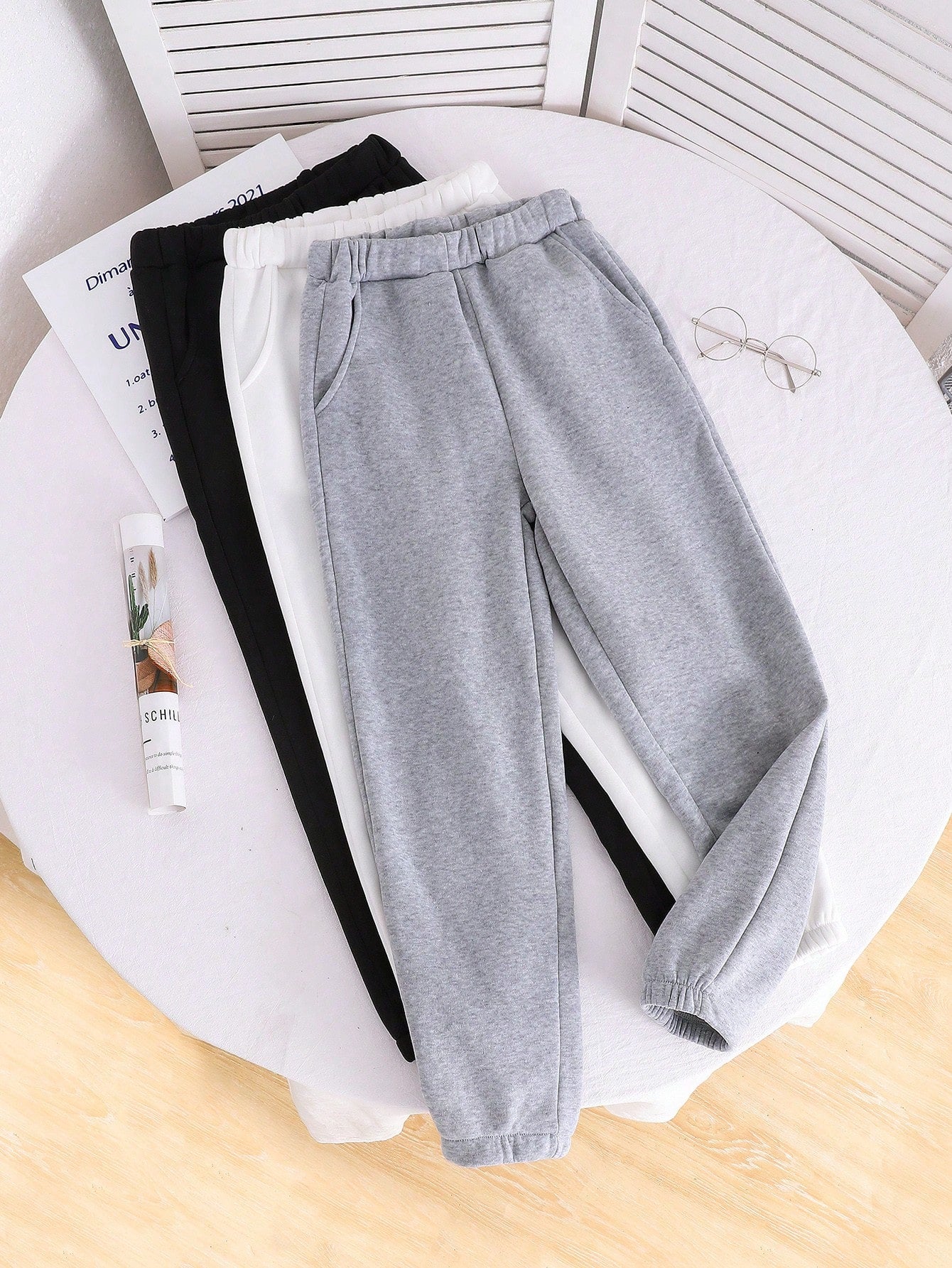 Tween Girl 3pcs Solid Elastic Waist Thermal Lined Sweatpants