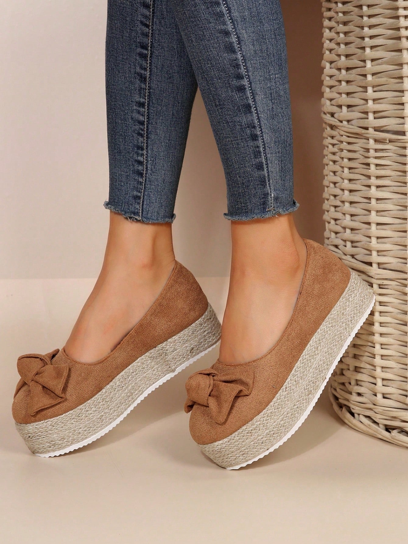 New Spring Brown Round Toe Faux Leather Women's Shallow Mouth Wedge Heel Comfortable Loafers