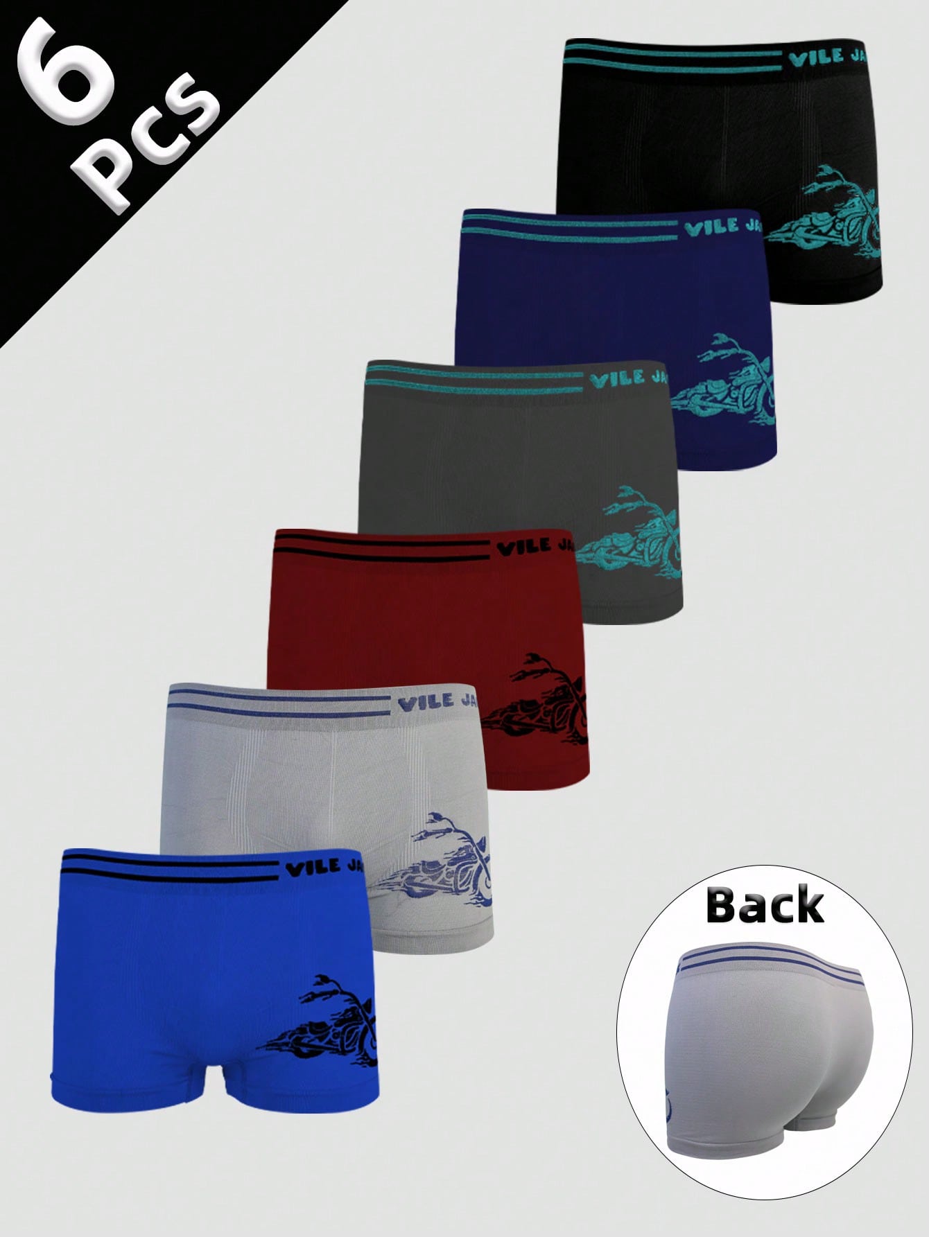 6pcs Tween Boy Seamless Comfortable Boxer Briefs, Suitable For All Seasons, Motorcycle Patterned Cornered Underwear