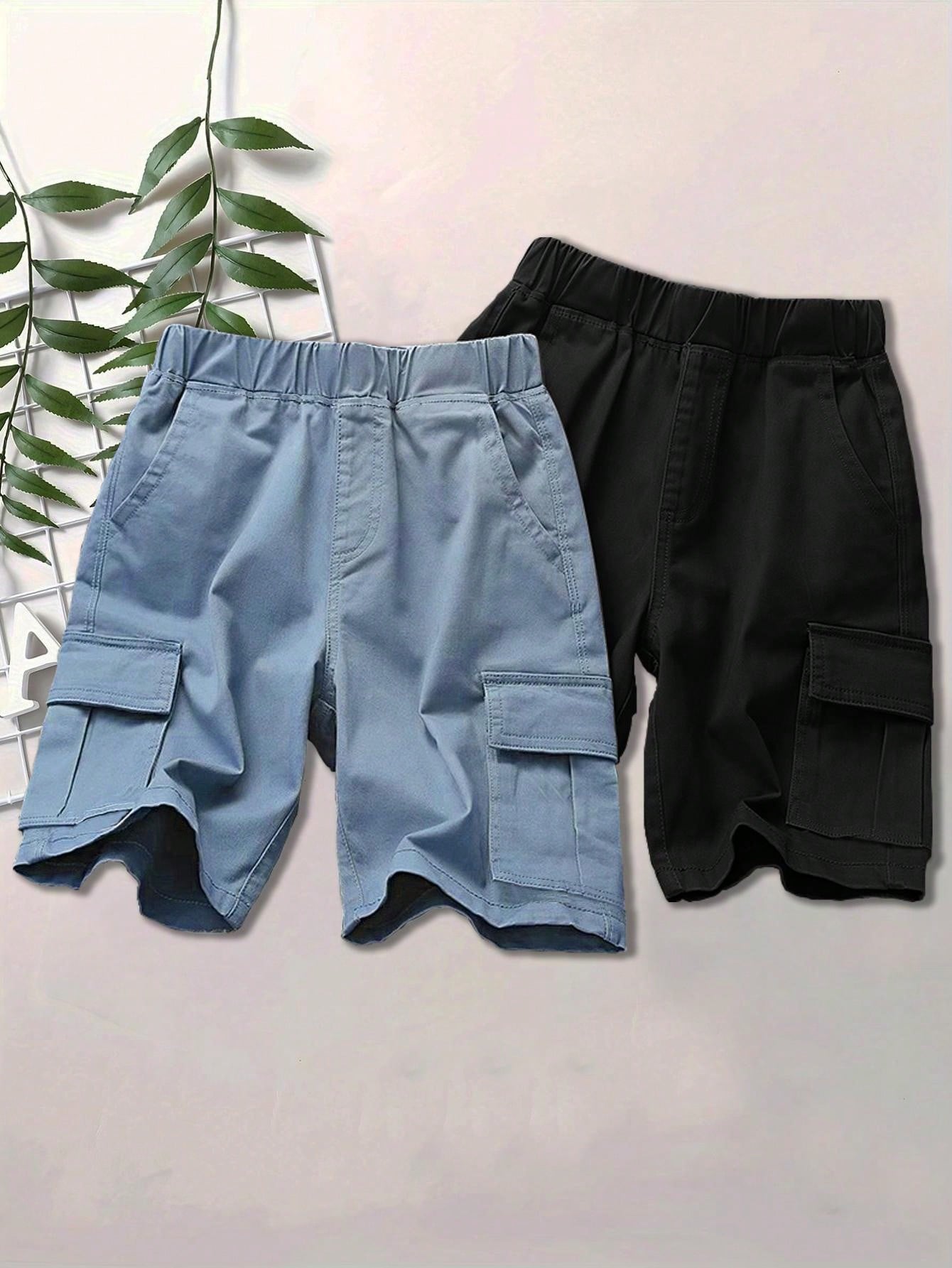 2pcs Tween Boy Casual Sporty Outdoor Pocketed Cargo Shorts, Spring/Summer