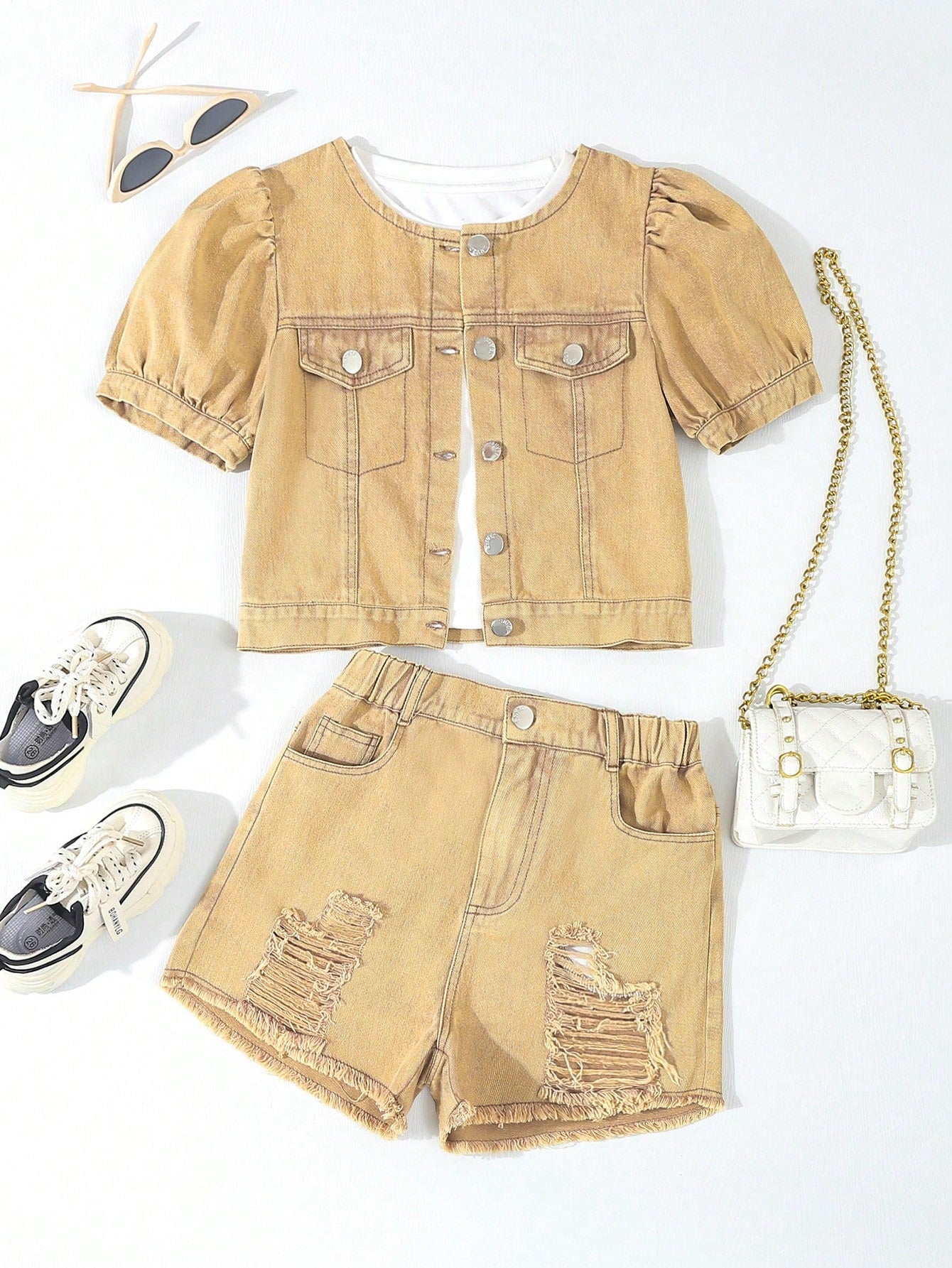 Girls' Comfortable Washed Street Style Denim Outfit For Vacation