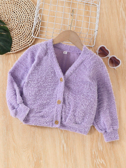 Young Girl Casual Solid Color Button Down Plush Long Sleeve Cardigan, Suitable For Outdoor Activities, Travel, Daily Wear, Leisure, Parties And School, Fit For Spring And Autumn