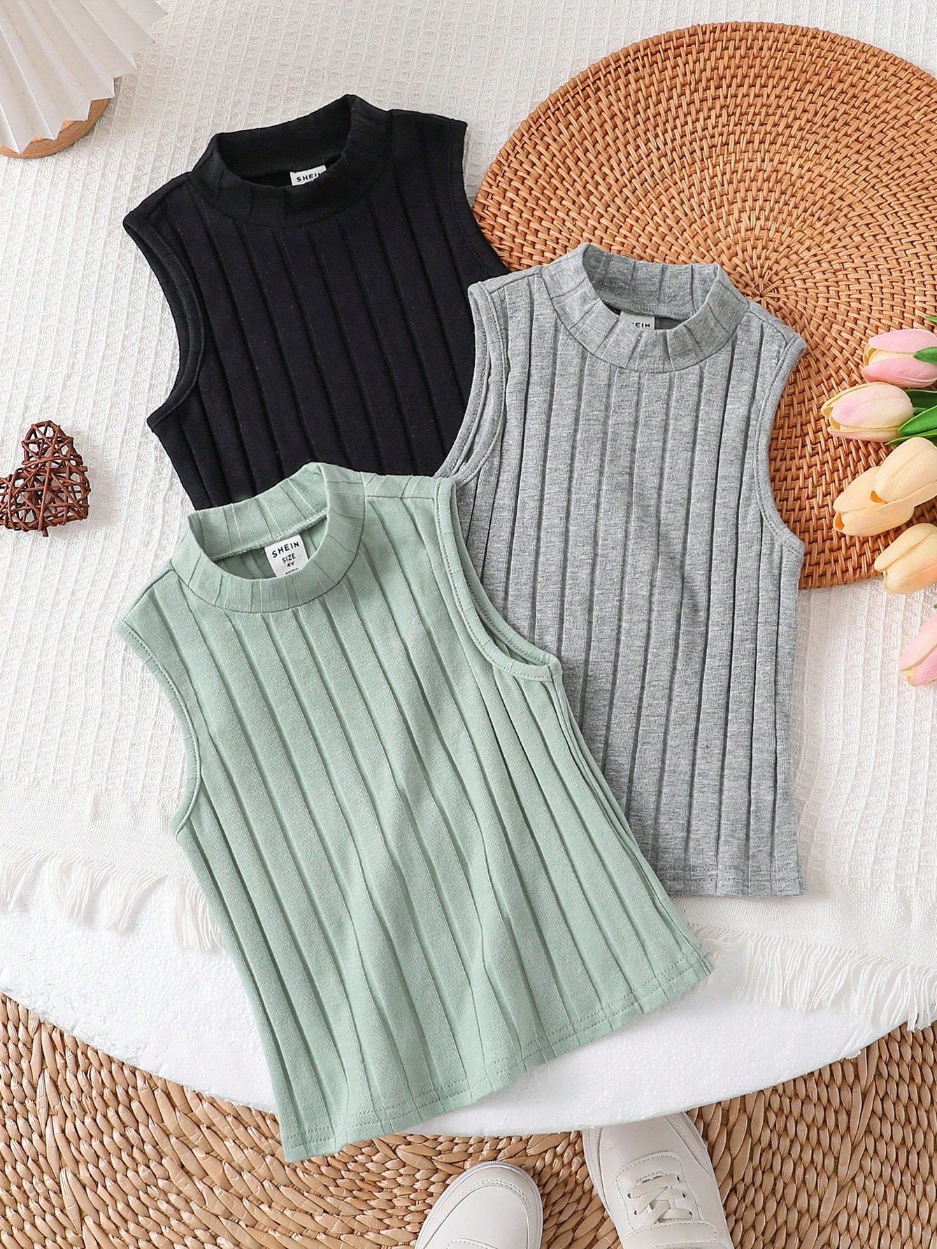 Young Girl 3pcs Solid Color Sleeveless Turtleneck Tank Top