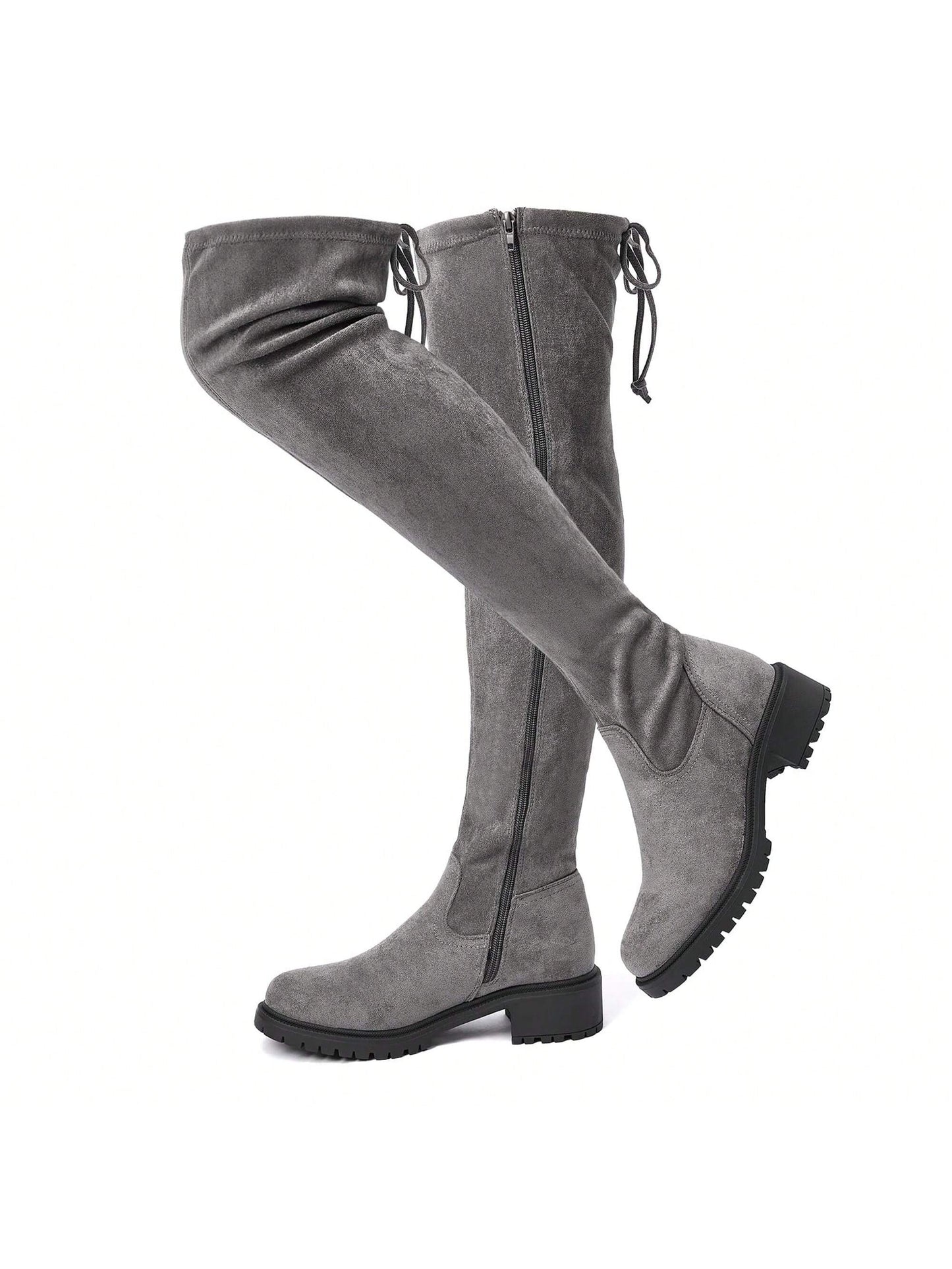 TINSTREE Women's Suede Over The Knee Boots Round Toe Side Zipper Flat Booties Thigh High Boots