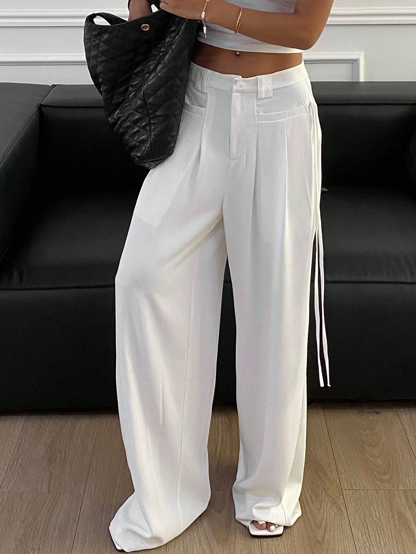 Solid Color Bow Tie Waist Wide Leg Trousers Women's Suit Pants