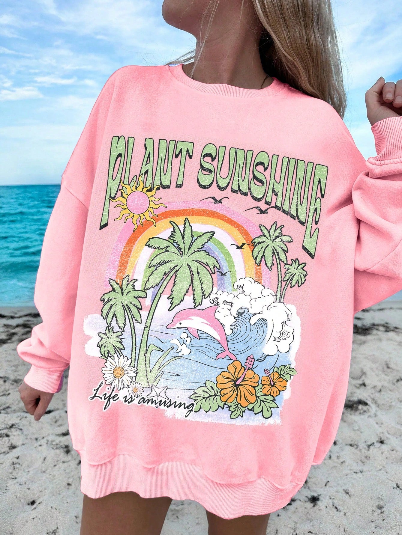 Casual And Minimalistic Wide-Leg Women's Sweatshirt With Beach Wave And Palm Tree Print, Round Neck And Long Sleeves