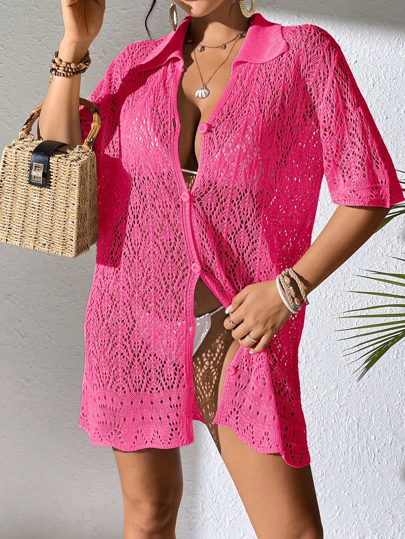 Swim Hollow Out Button Front Kimono