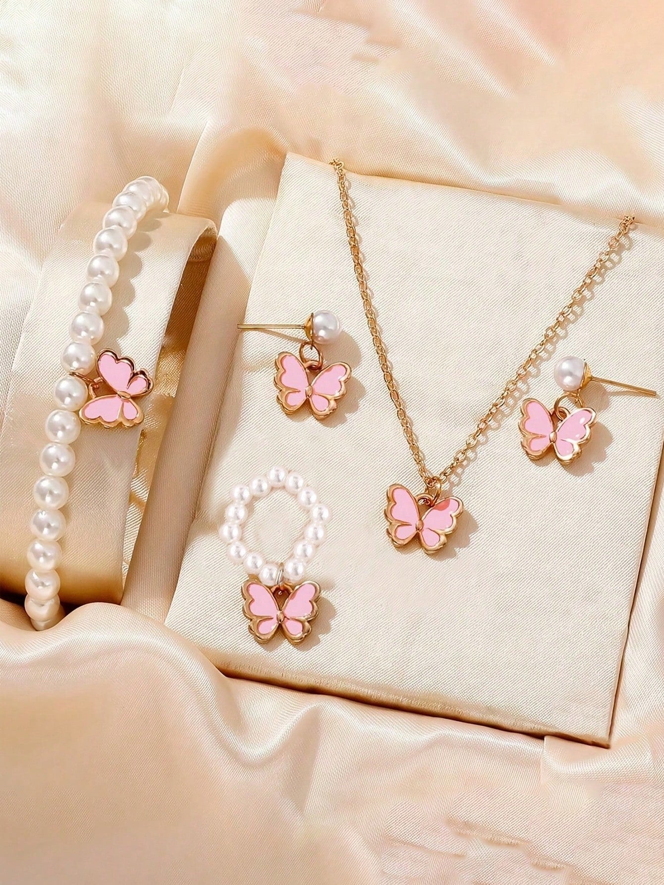 5pcs Children's Jewelry Set Including Zinc Alloy Butterfly Shaped Pendant, Pearl Bracelet, Ring, Earrings, And Collarbone Chain