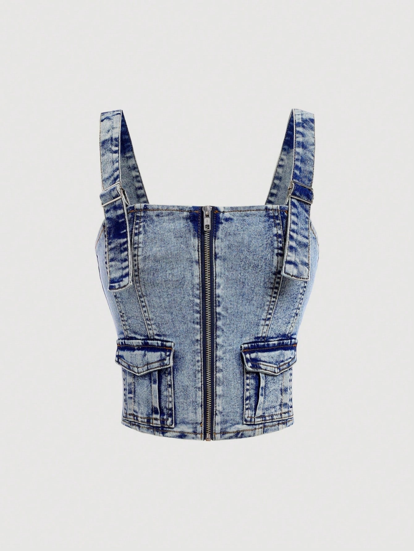 Tween Girls' Y2K Trendy Stonewashed Zip Front Denim Cami Top With Spaghetti Straps And Patched Pocket