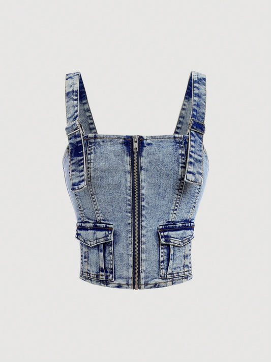 Tween Girls' Y2K Trendy Stonewashed Zip Front Denim Cami Top With Spaghetti Straps And Patched Pocket