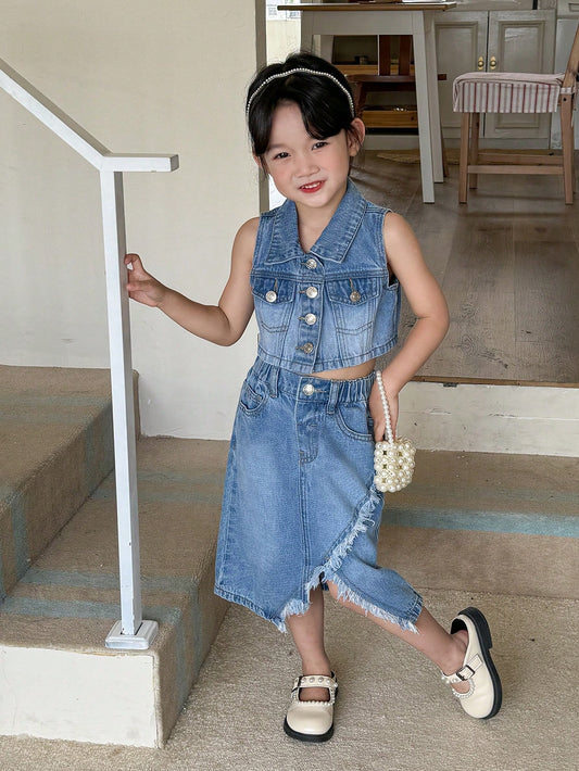 Kids Girls' Personality Casual Vest And Long Denim Skirt Set