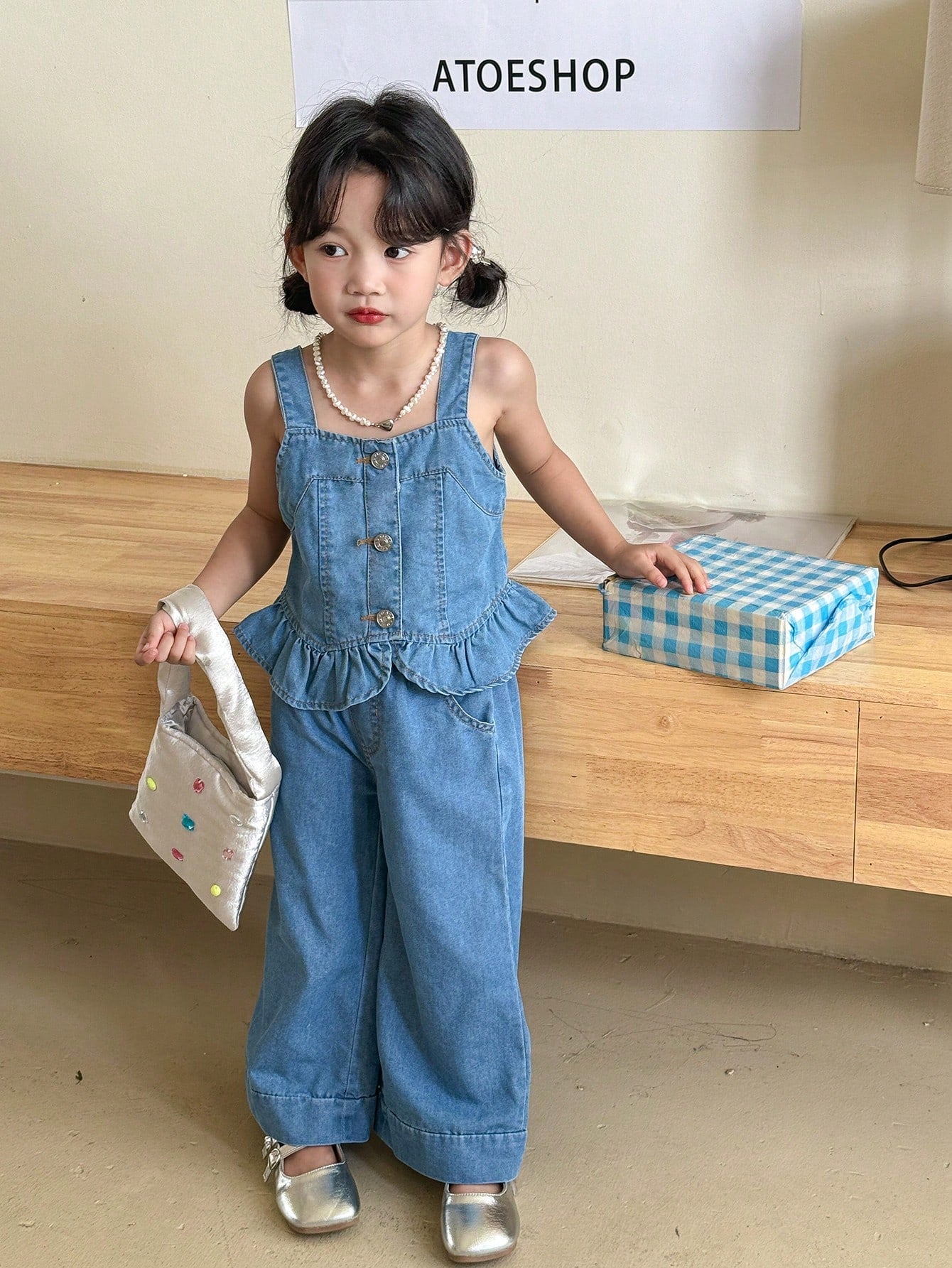 Kids Girls' Daily Fashionable And Sweet Denim Vest Set, Summer