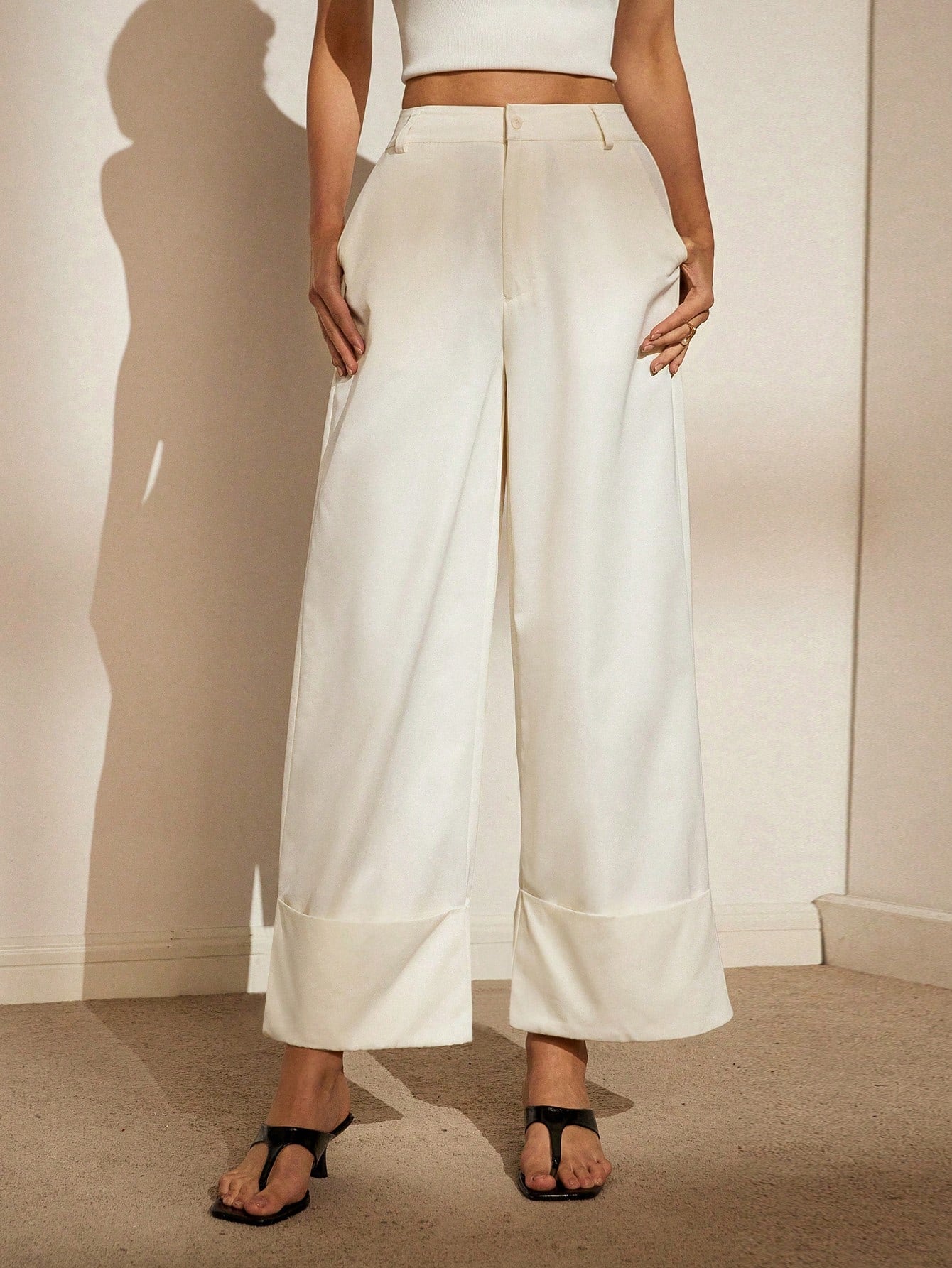 BIZwear Simple & Fashionable Solid Color High Waisted Wide-Legged, Loose-Fit Pants With Rolled Cuffs