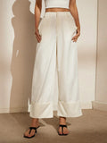 Simple & Fashionable Solid Color High Waisted Wide-Legged, Loose-Fit Pants With Rolled Cuffs