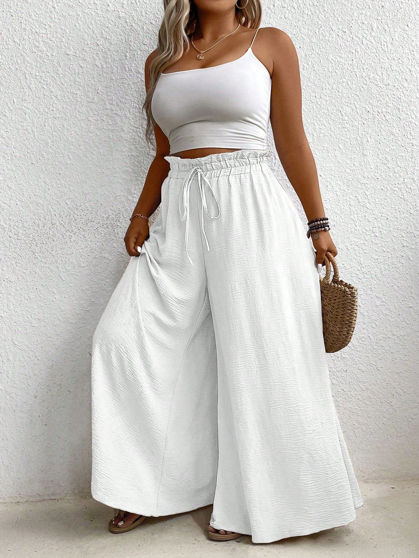 Plus Size Elastic Waist Belted Loose Textured Wide-Leg Pants