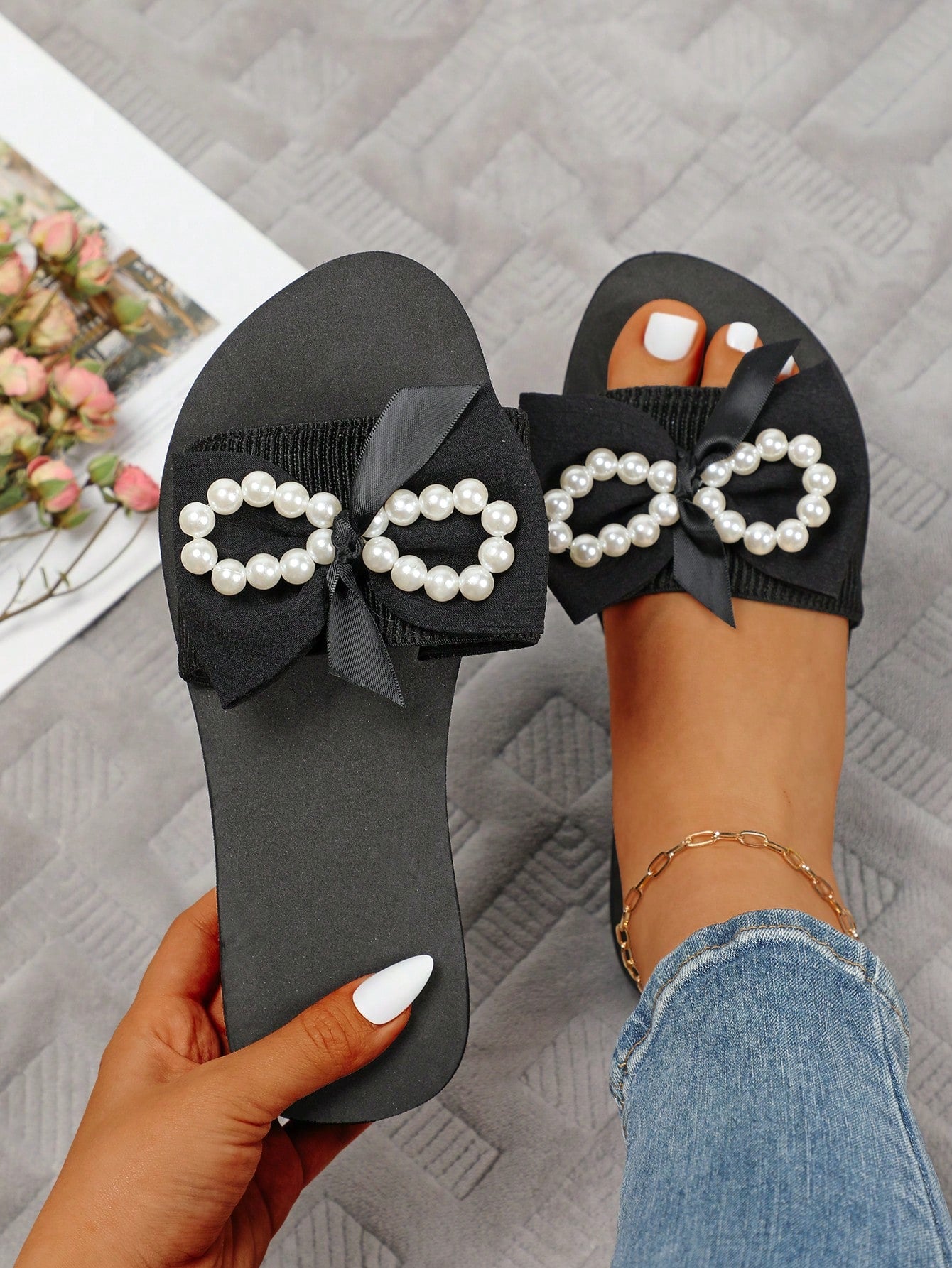 Women Bow Decor Slides, Fashion Summer Slides