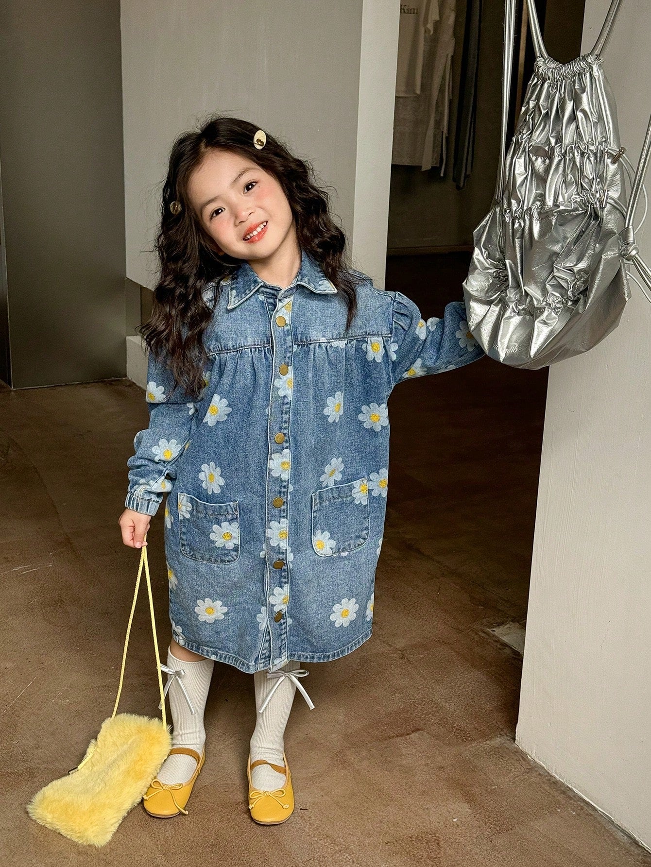 Girls' Floral Print Denim Jumpsuit, Cute Casual Daily Wear