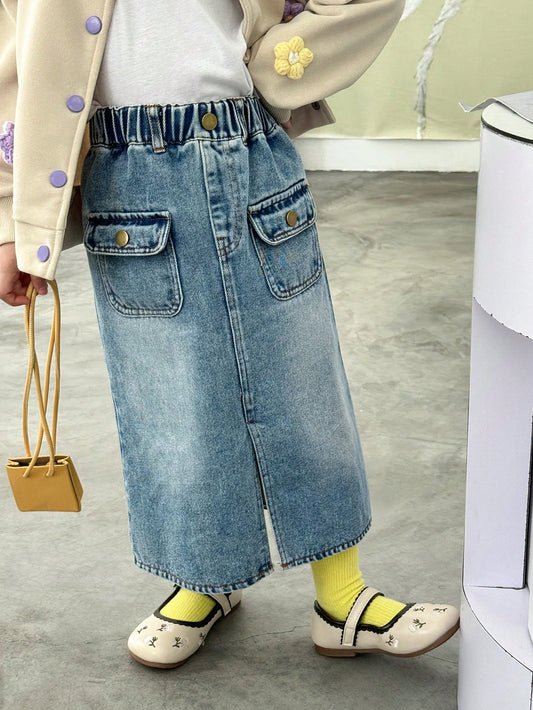 Kids Young Girl Blue Casual Loose Slit Denim Midi Skirt