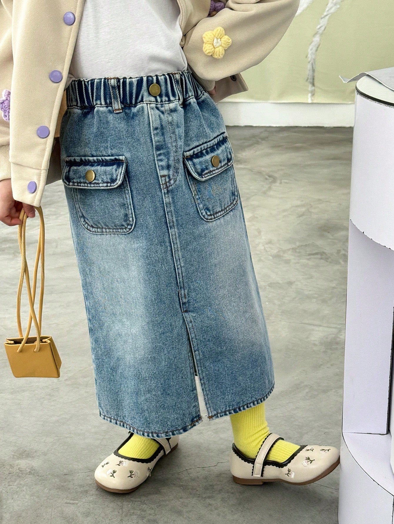 Kids Girls' Blue Casual Loose Slit Denim Midi Skirt