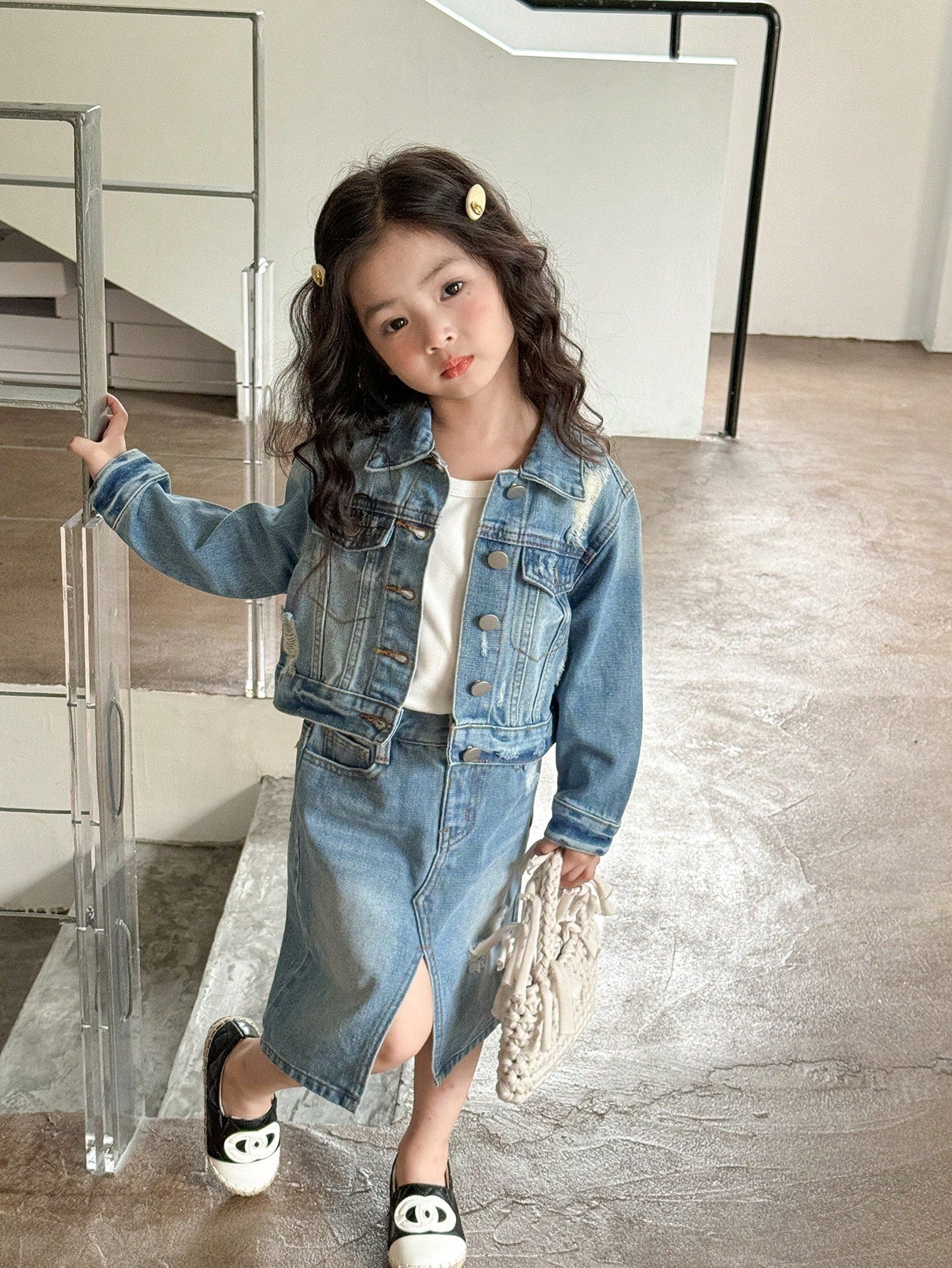 Kids Girls' Cute Denim Single-Breasted Long Sleeve Jacket And Skirt Set