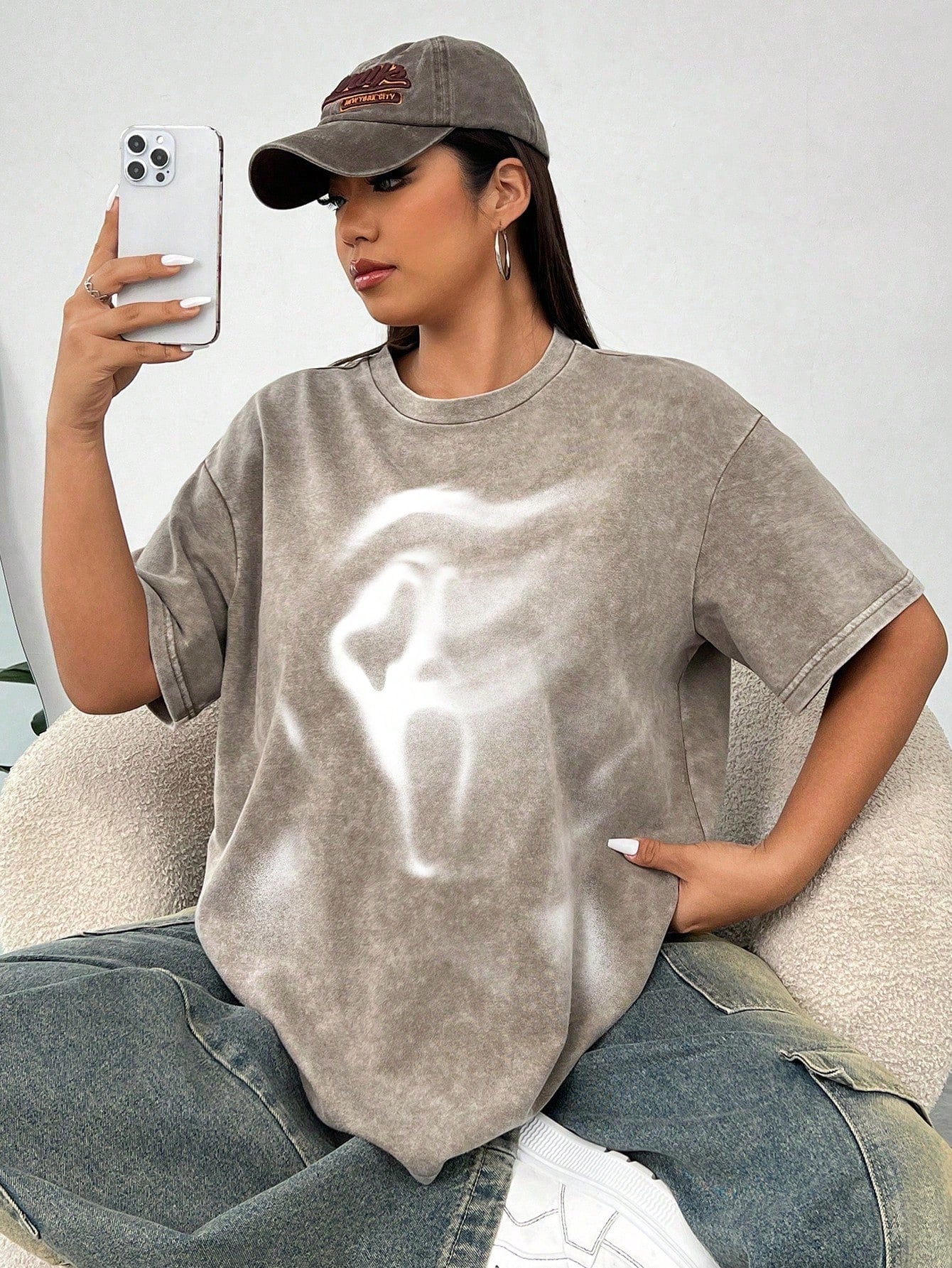 Plus Size Halloween Acid Washed Look Vintage Knitted Distressed Loose Fit Knit Screaming Skull Ghostface Pattern Cartoon Pattern Short Sleeve T-Shirt