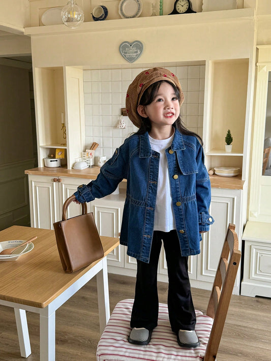 Kids Girls' Casual Fashionable Denim Jacket With Waist Belt