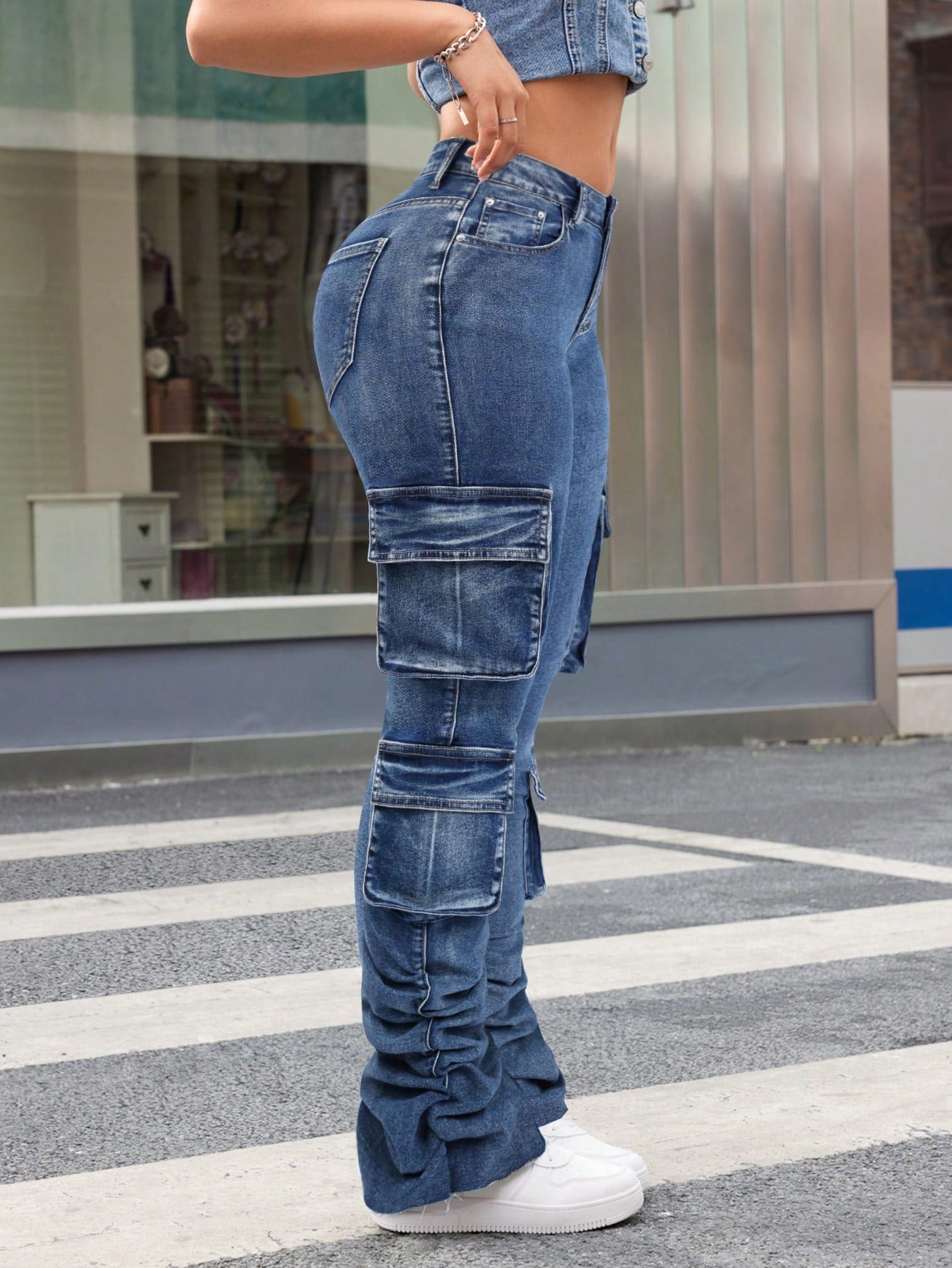 Denim Cargo High Waisted Flared Pants