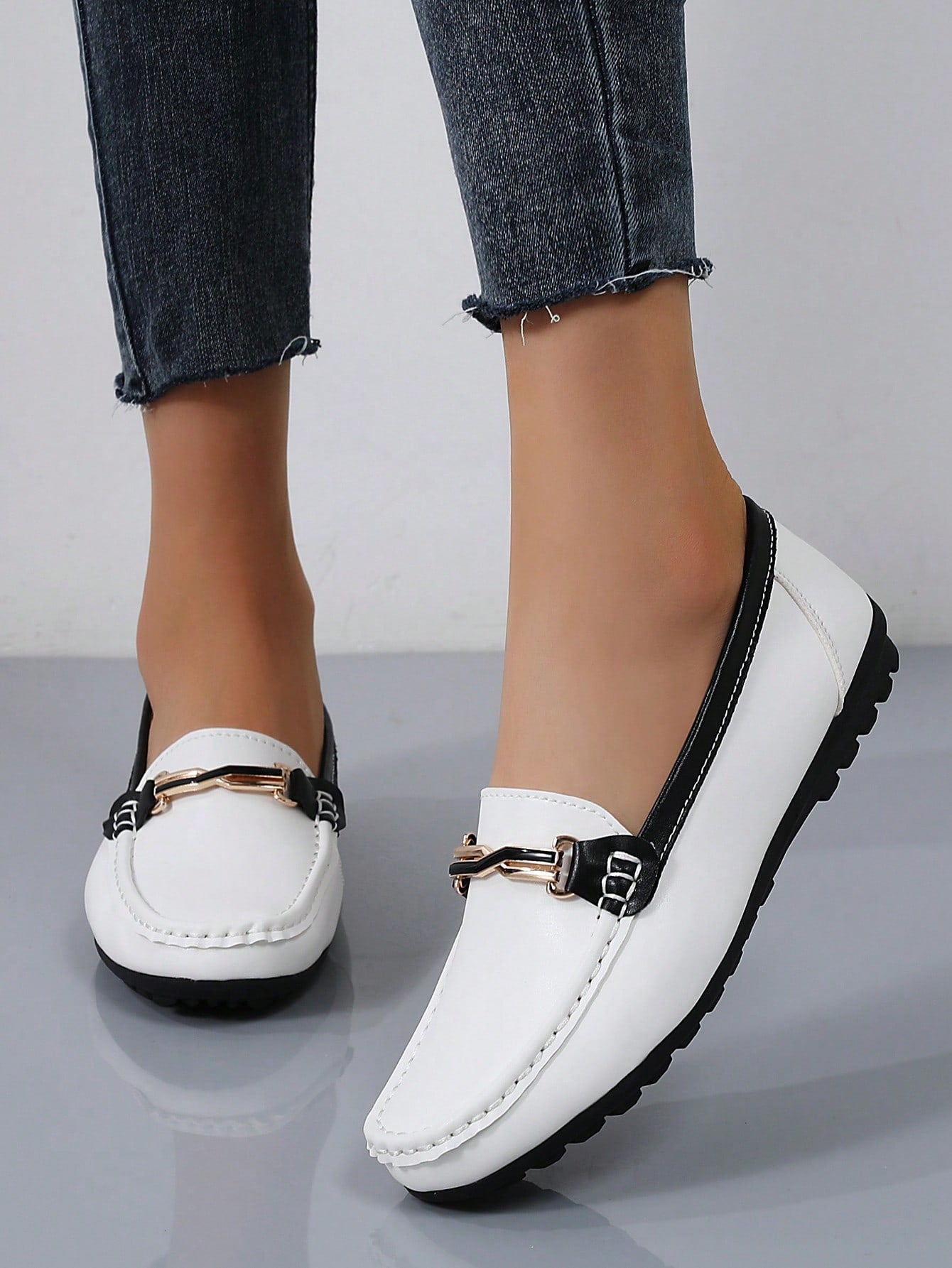 Women's White Leather Patchwork Comfortable Loafers, Slip-On Flat Shoes