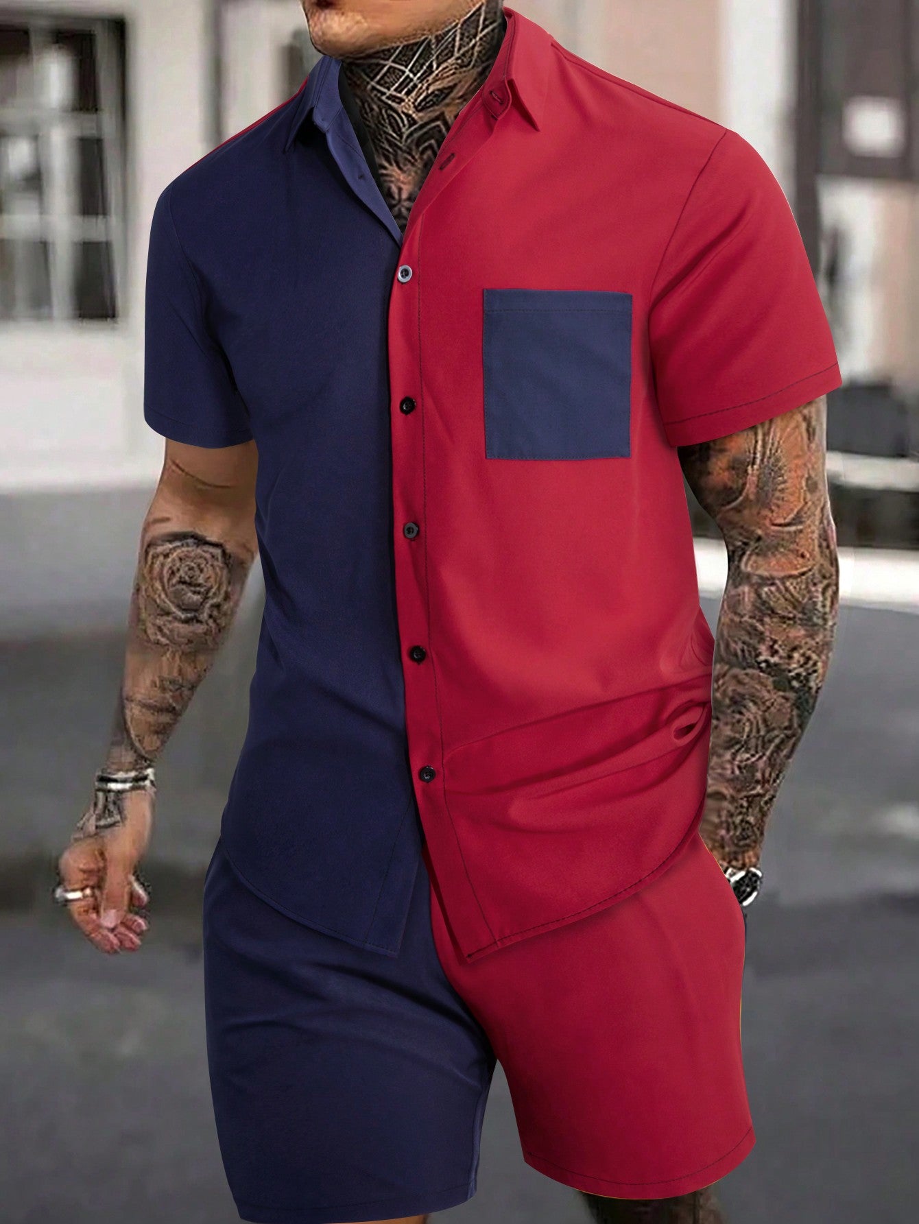 Men's Contrast Color Short Sleeve Shirt And Shorts Set