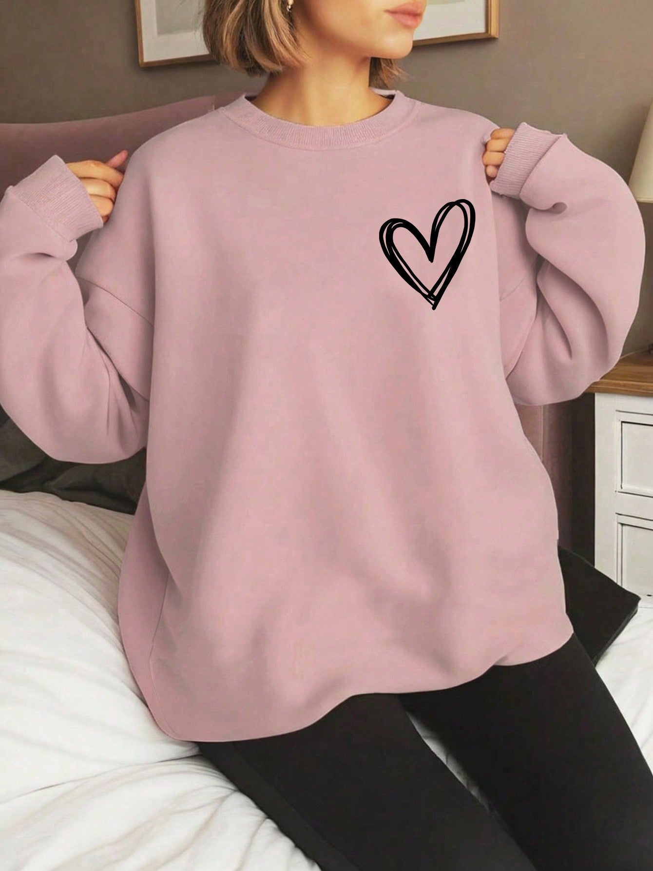 Plus Size Women Heart Printed Round Neck Long Sleeve Sweatshirt Sports Shirt