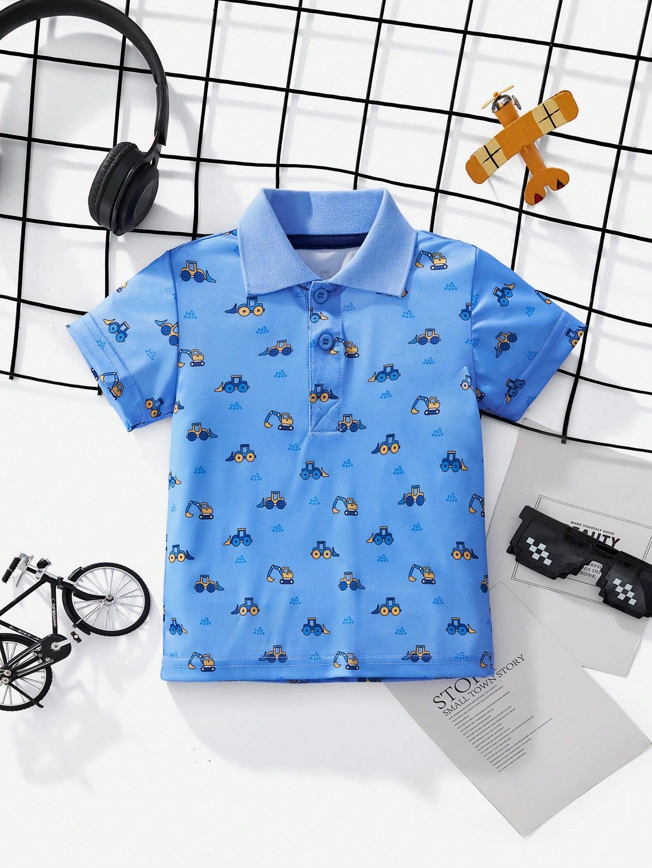 Little Bitty Boys' Casual Short Sleeve Polo Shirt, Cartoon Excavator Print, Breathable Fashionable Style For Summer Outdoors