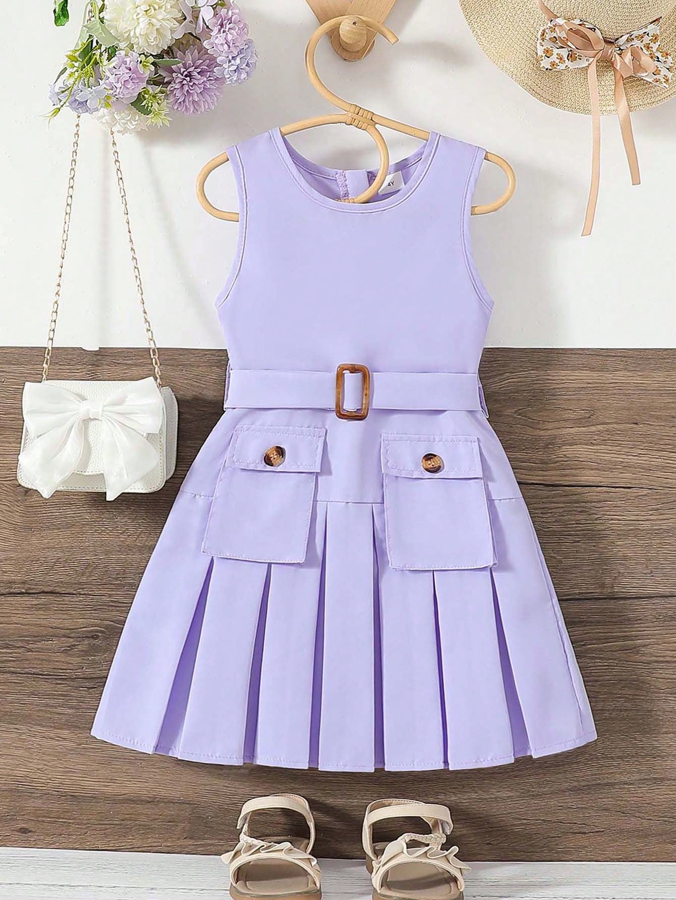 Young Girl Summer Sleeveless Pleated Utility Pocket Casual Dress With Round Neckline