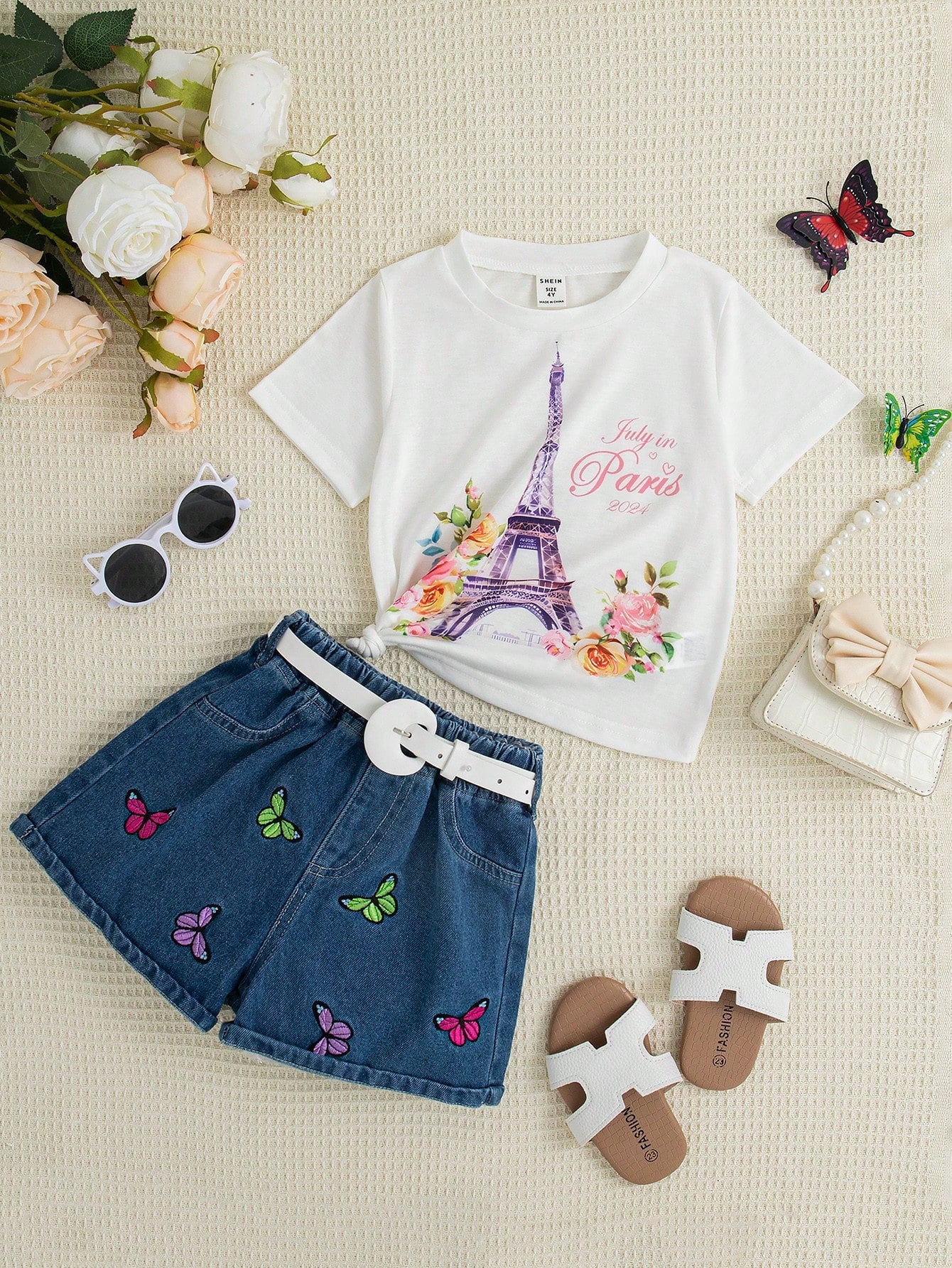 Young Girl Letter Butterfly Printed Short Sleeve Casual T-Shirt And Embroidered Denim Shorts Set With Belt