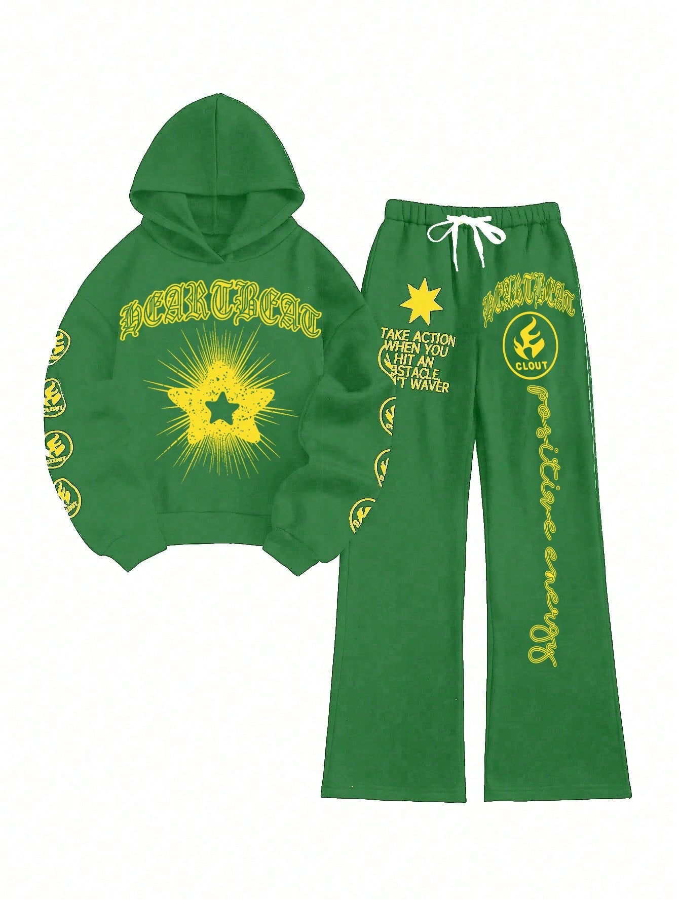 Coolane Star And Letter Printed Fleece Hoodie And Bell Bottom Pants Set