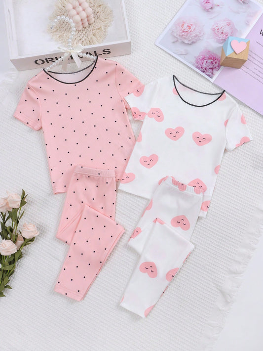 Young Girls' Heart Short Sleeve Long Pants Pajamas Set, Snug Fit