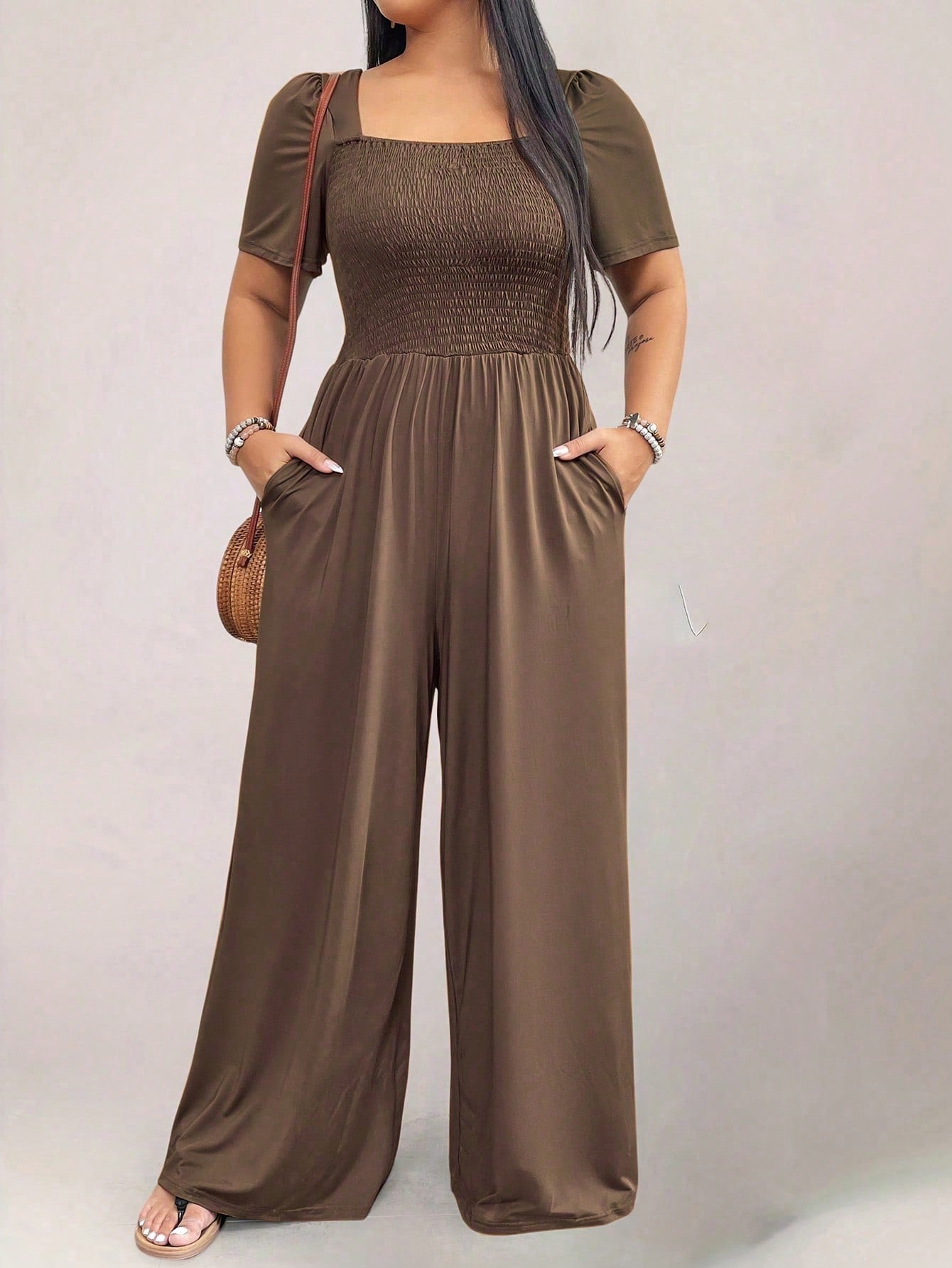 Plus Size Square Neck Loose Fit Short Sleeve Jumpsuit With Pockets