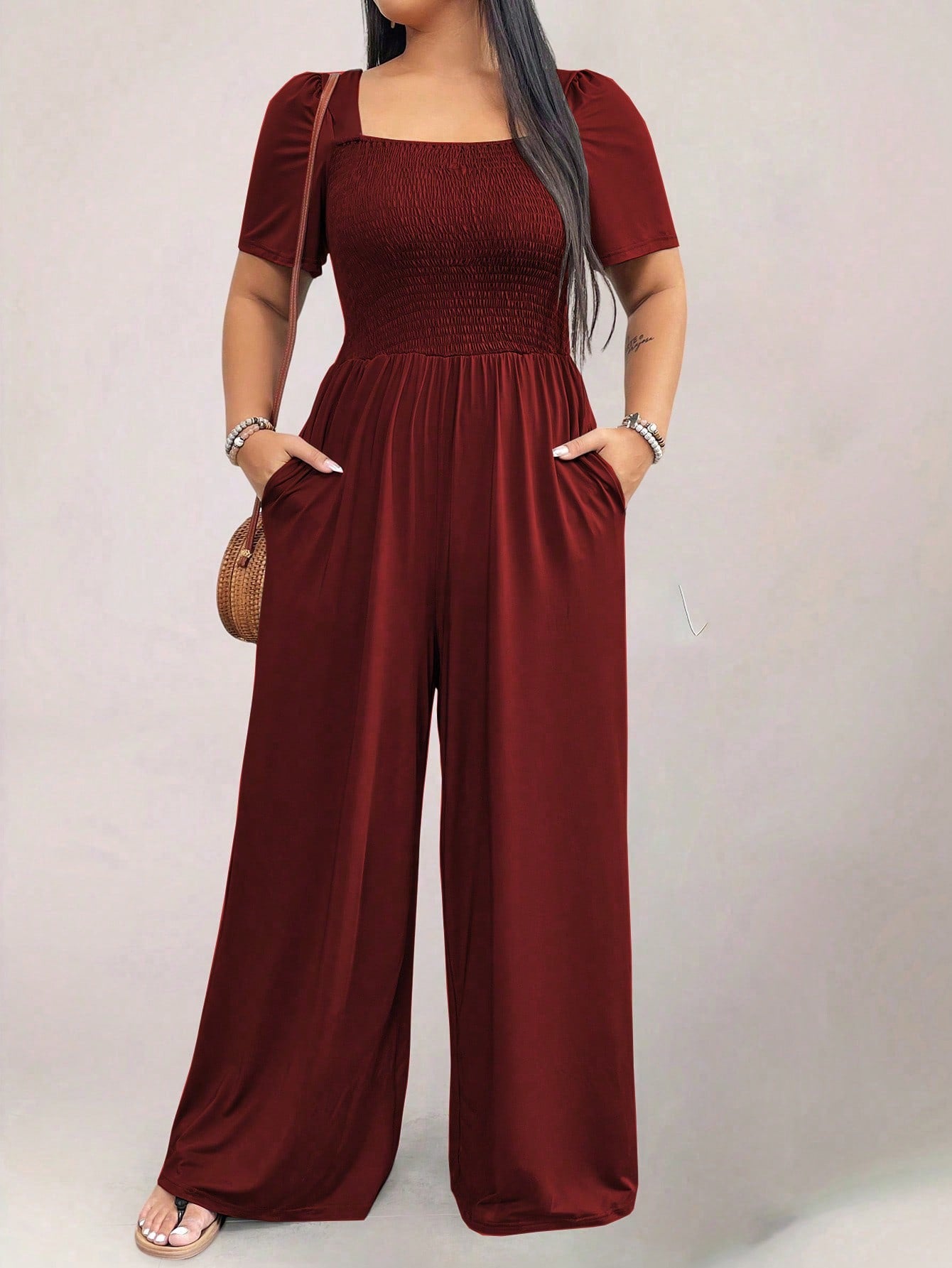 Plus Size Square Neck Loose Fit Short Sleeve Jumpsuit With Pockets