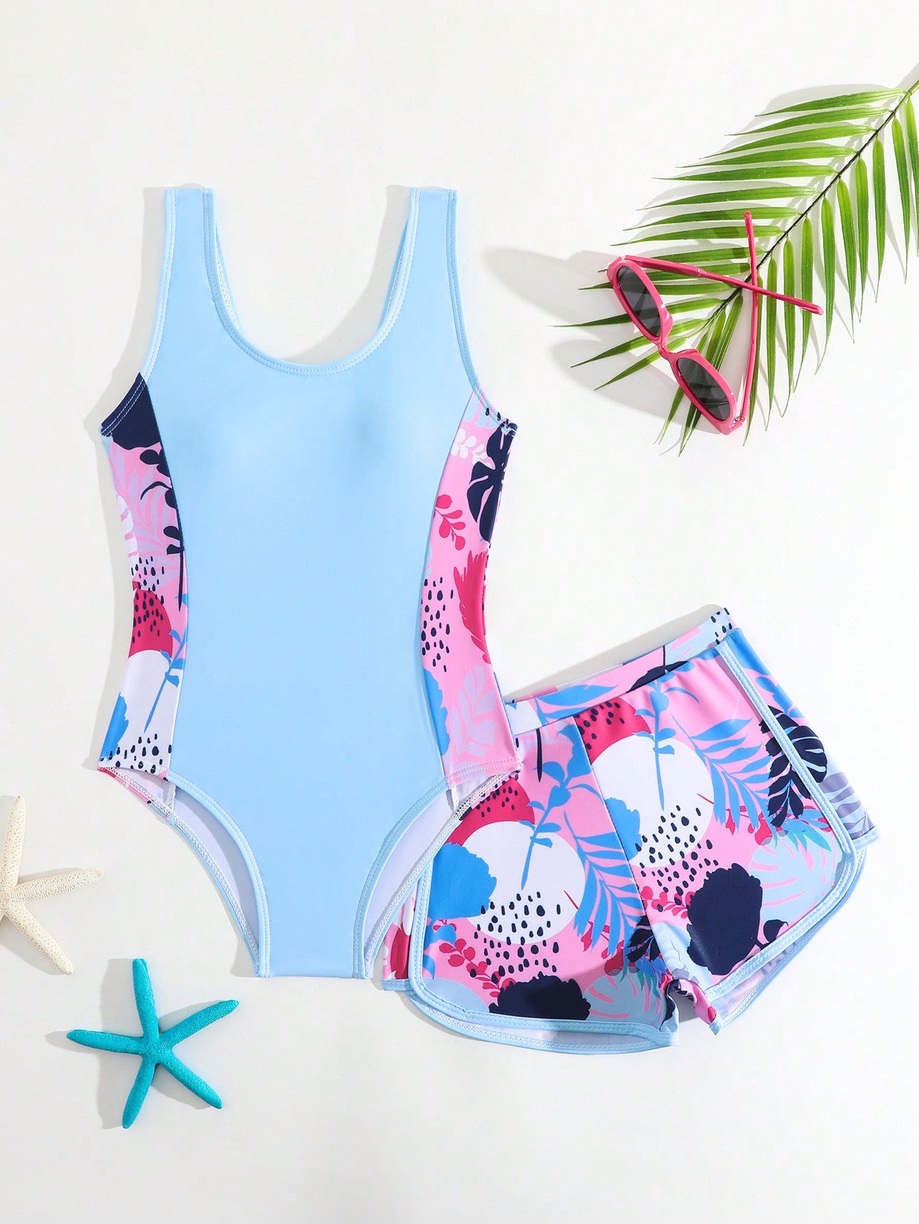 Girls' (Big) Swimsuit/One-Piece Swimsuit/Printed With Ruffles/ 2pcs Set