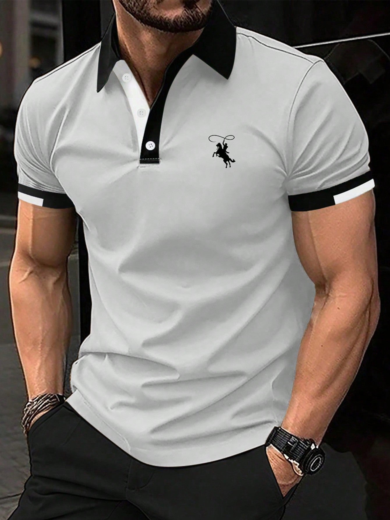 Men Horse Graphic Contrast Trim Polo Shirt