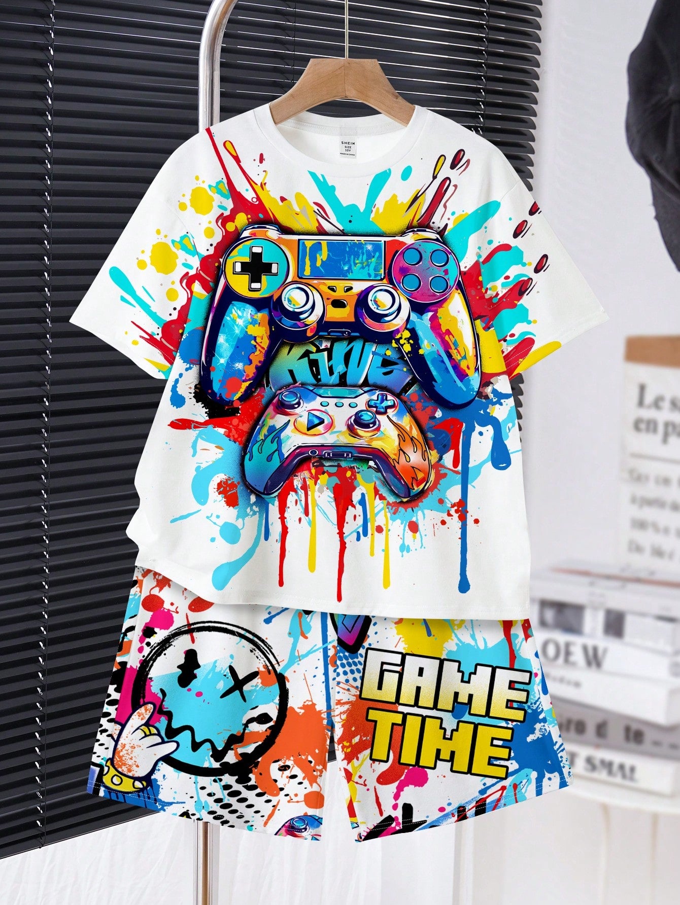 Tween Boys' Casual Simple Video Game Printed Short Sleeves T-Shirt And Shorts Set, Suitable For Summer