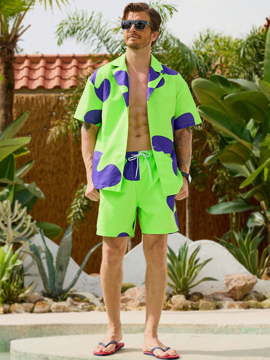 VDAYZ Men Colorblock Button Front Beach Shirt & Drawstring Waist Shorts