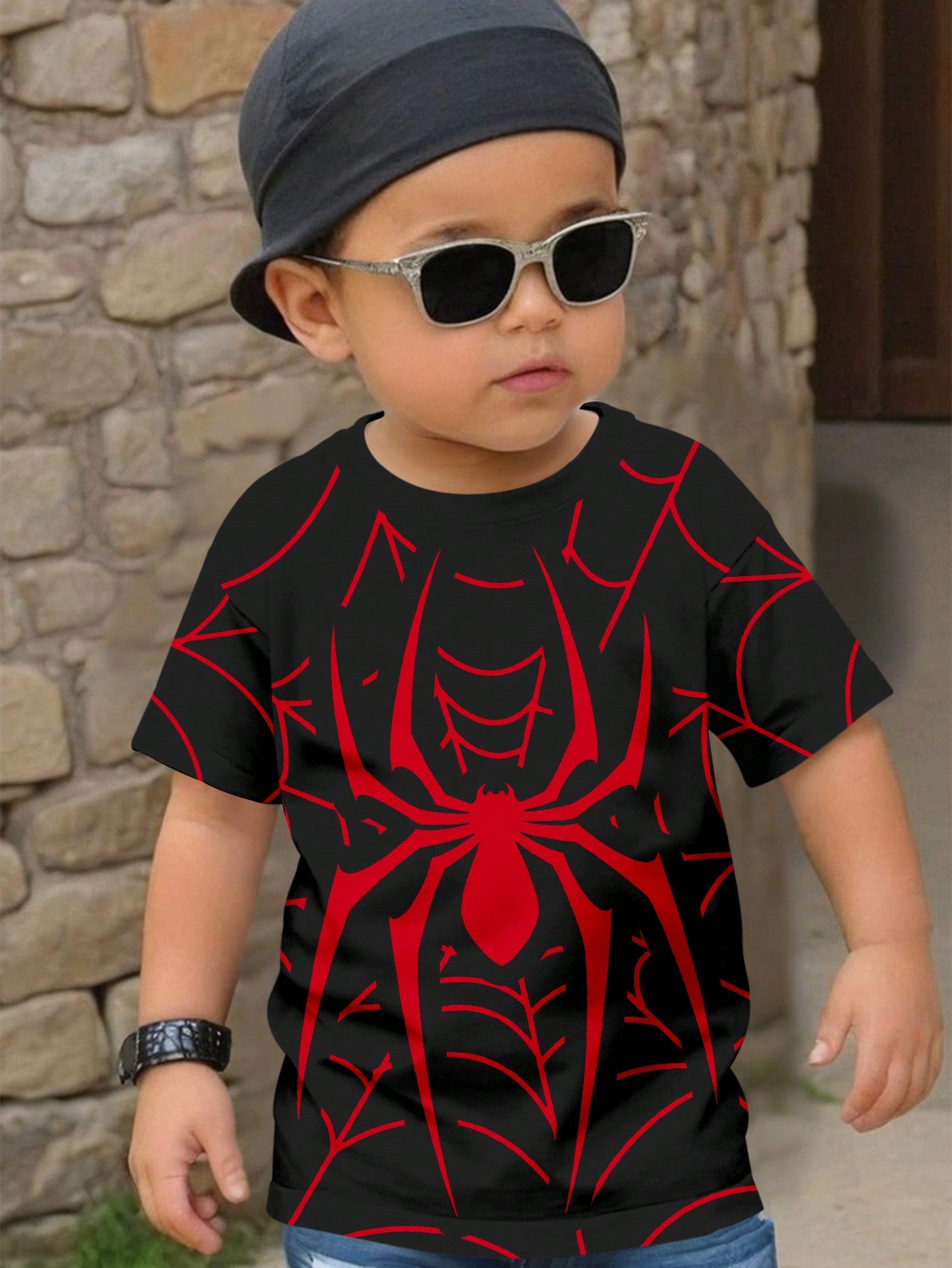 Young Boy Casual Simple Spider Pattern Loose Fit Short Sleeve T-Shirt, Ideal For Summer