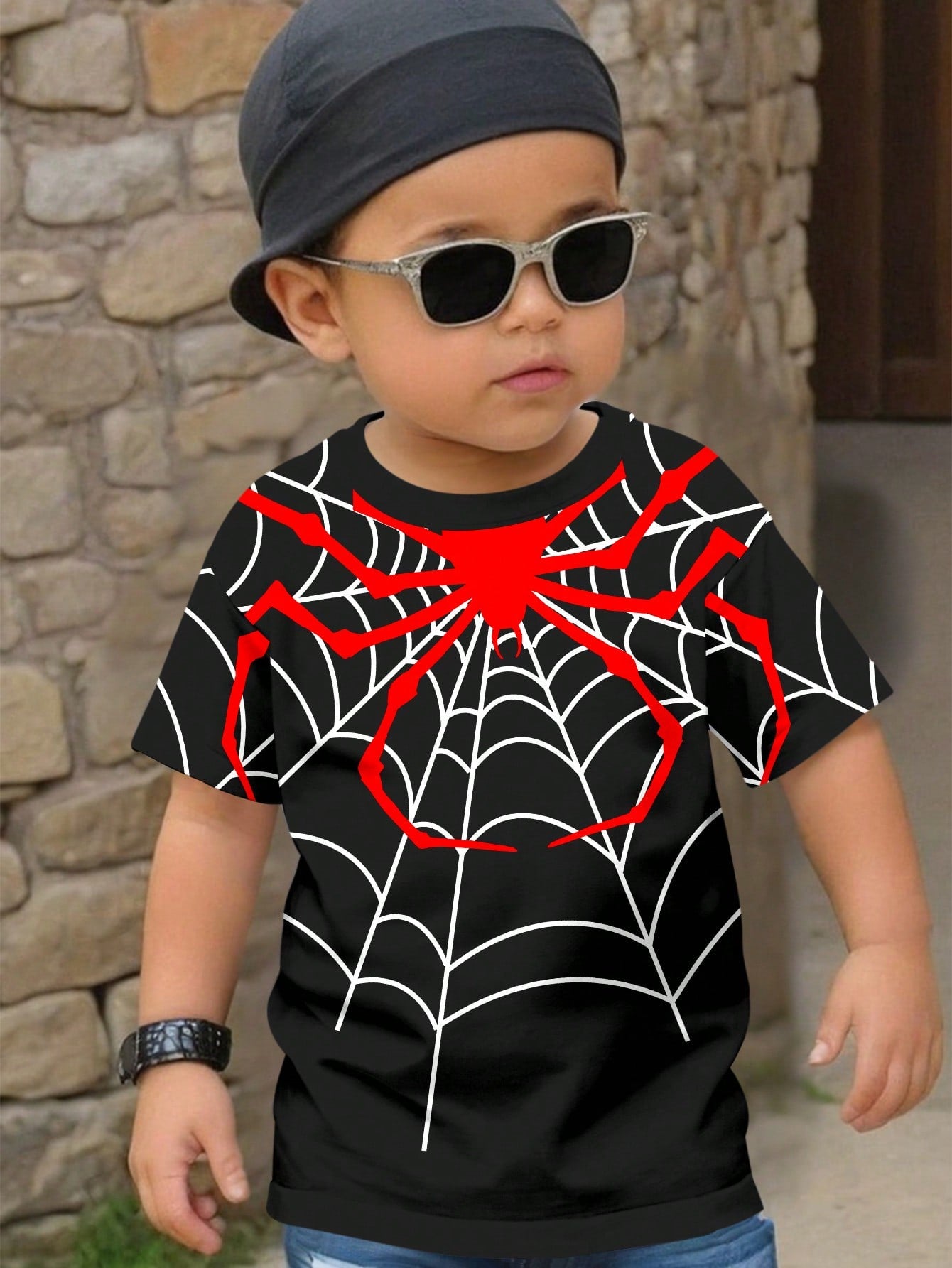 Young Boy Casual Simple Spider Pattern Loose Fit Short Sleeve T-Shirt, Ideal For Summer