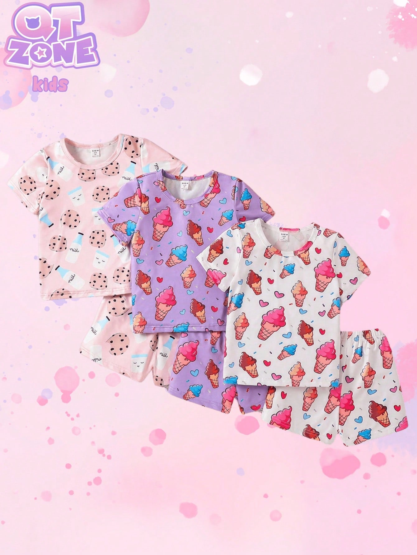 Girls Pajamas Popsicle Print Knit Shorts & Short Sleeve Snug Fit 2pcs Sleepwear Set