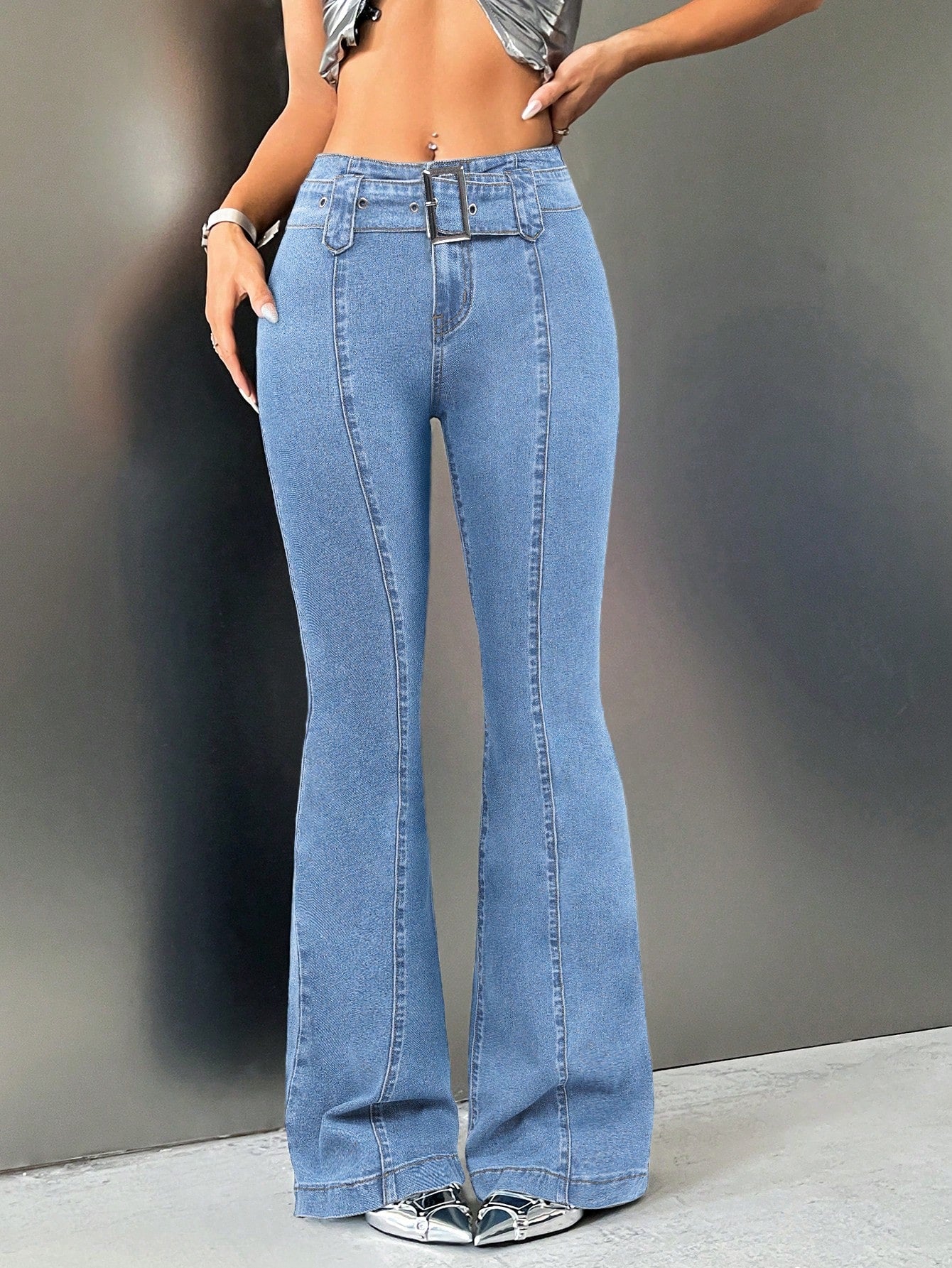 Low-rise Belted Boot Cut Jeans