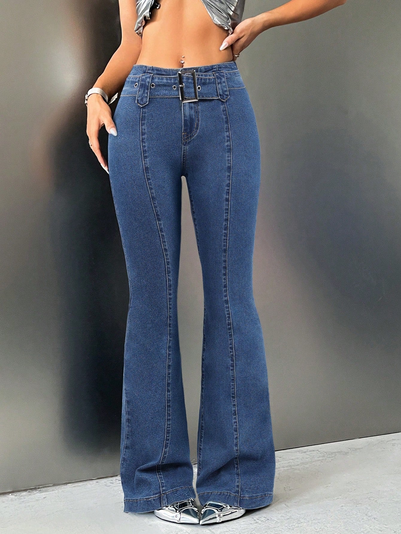 Low-rise Belted Boot Cut Jeans